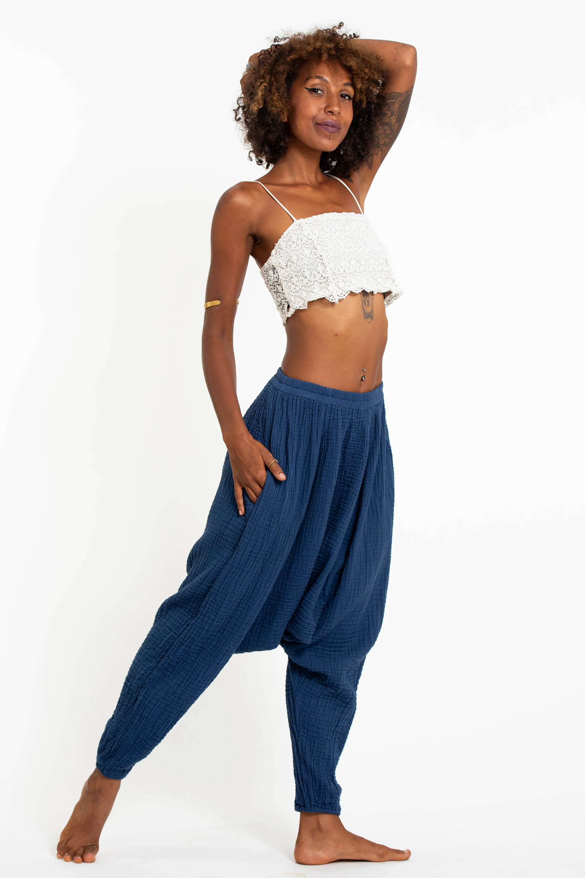 Women's Crinkled Hill Tribe Cotton Harem Pants in Blue - Image 3