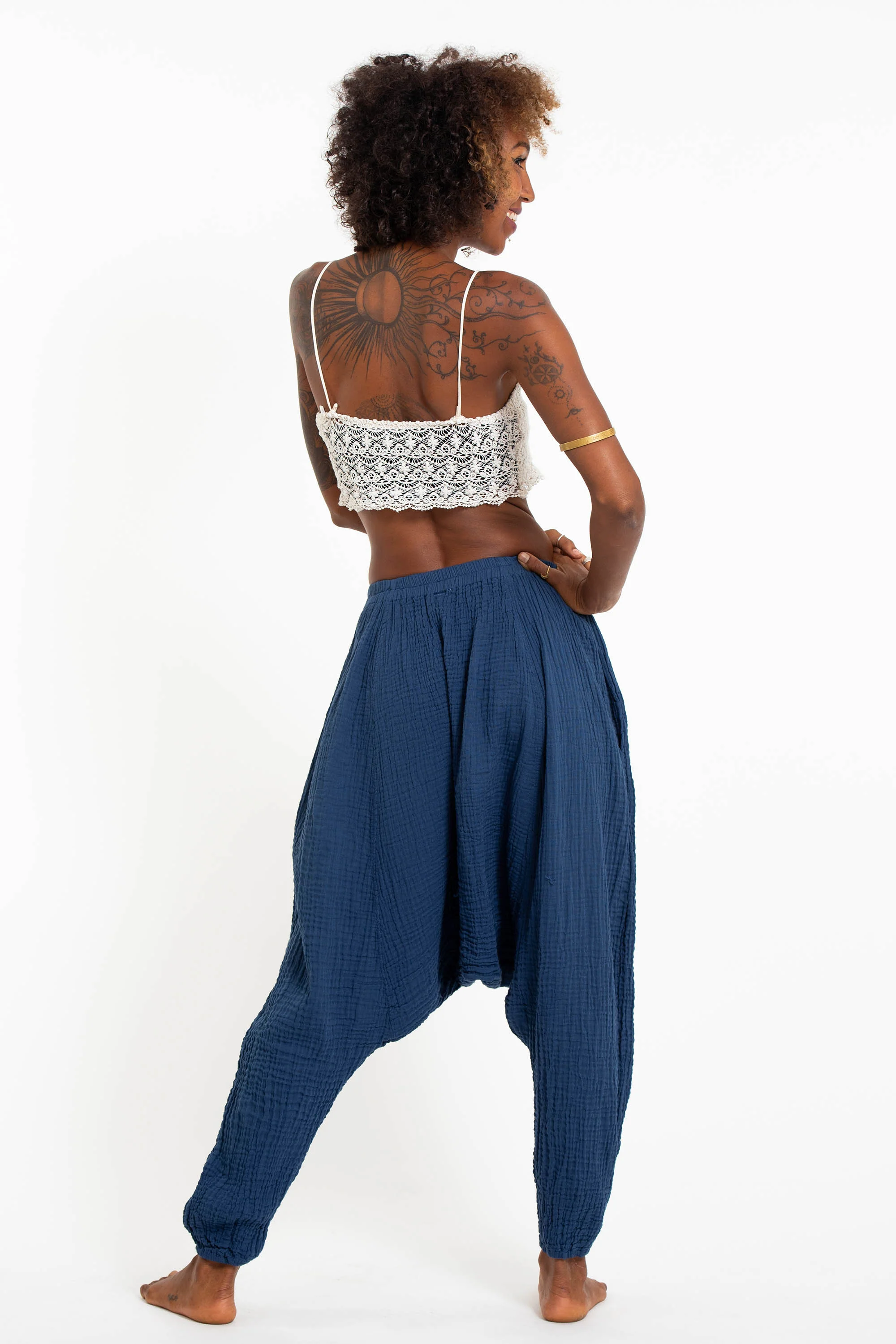 Women's Crinkled Hill Tribe Cotton Harem Pants in Blue - Image 4