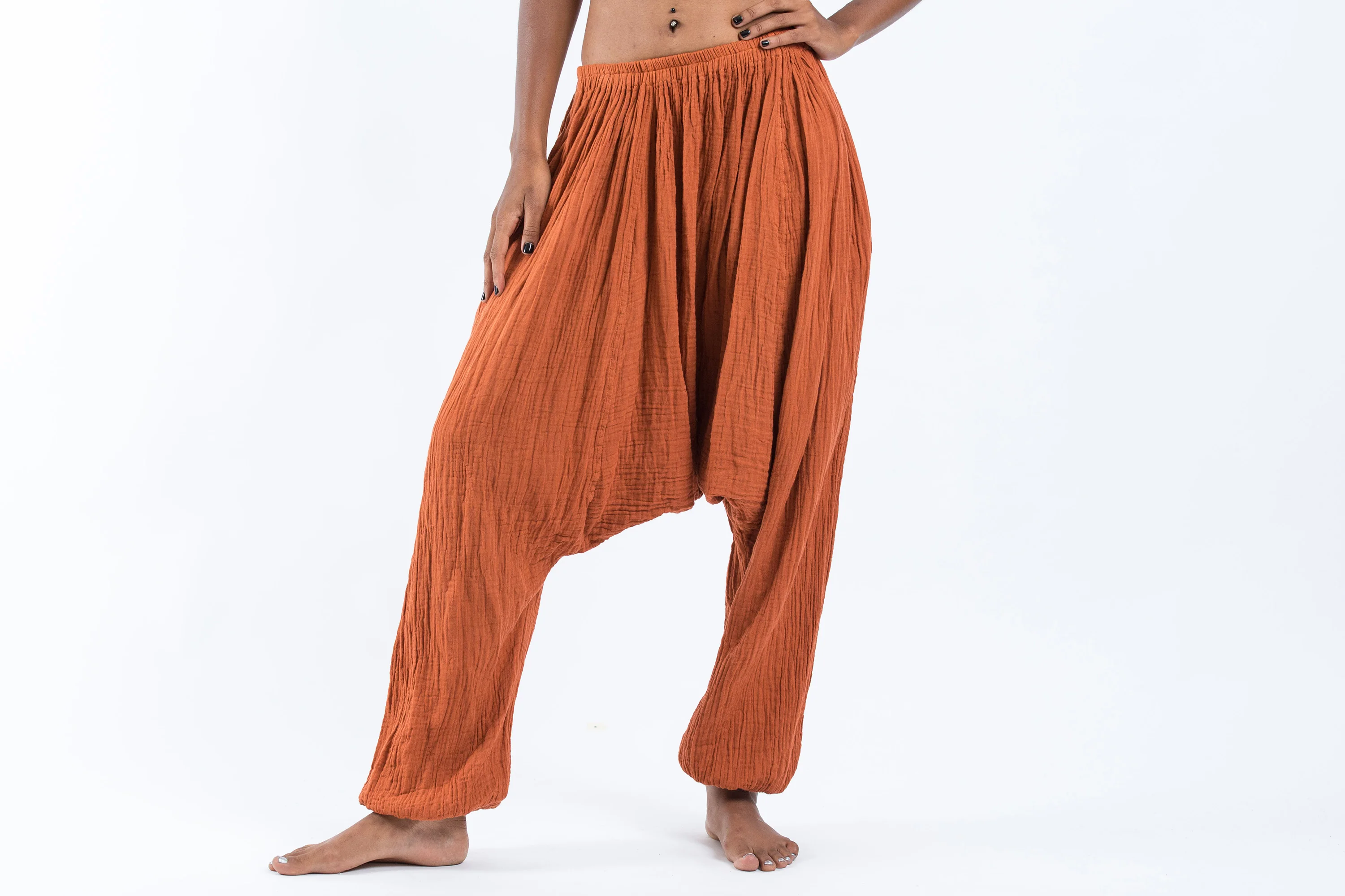 Women's Crinkled Hill Tribe Cotton Harem Pants in Brick - Image 2