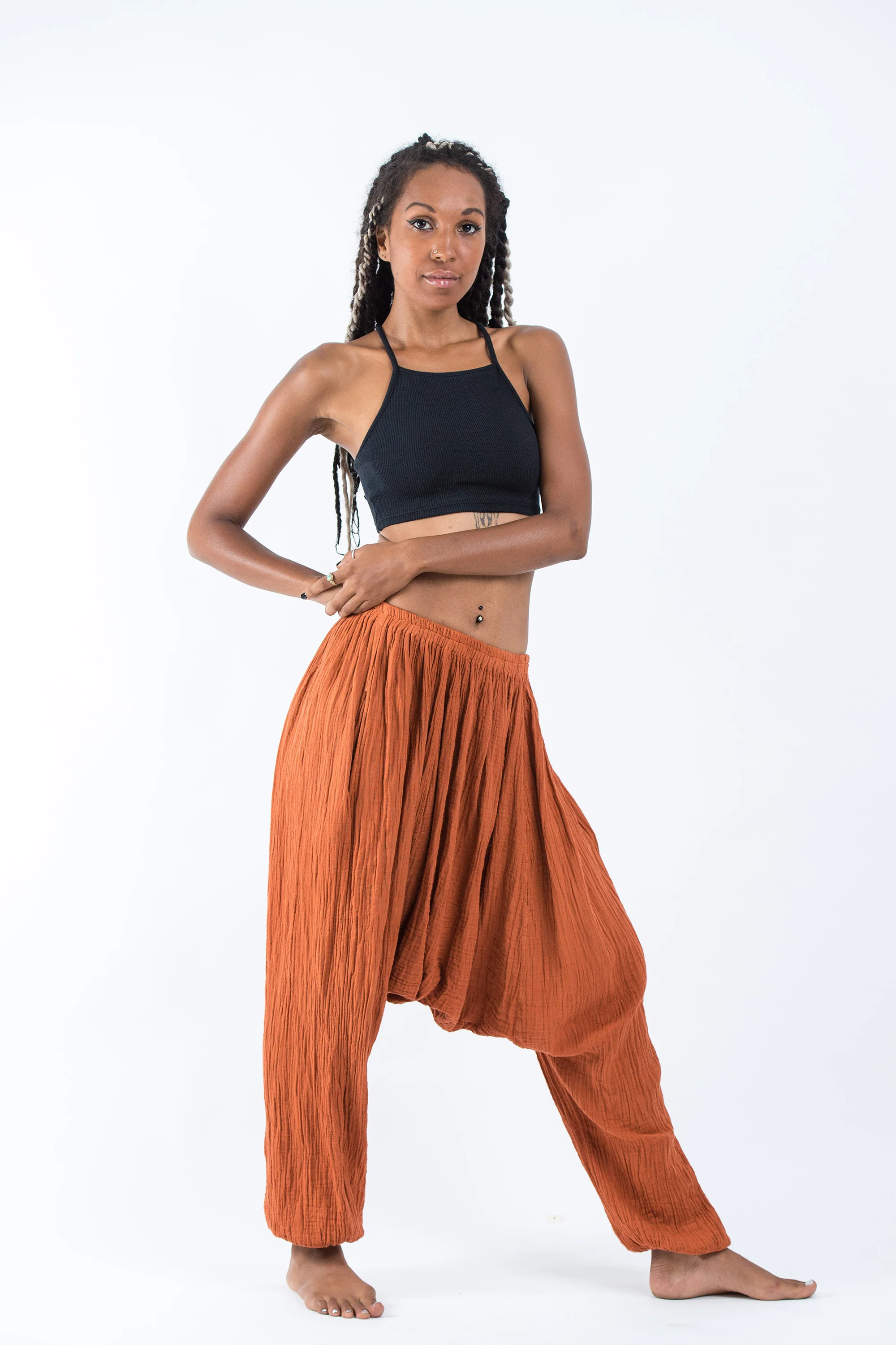 Women's Crinkled Hill Tribe Cotton Harem Pants in Brick - Image 3