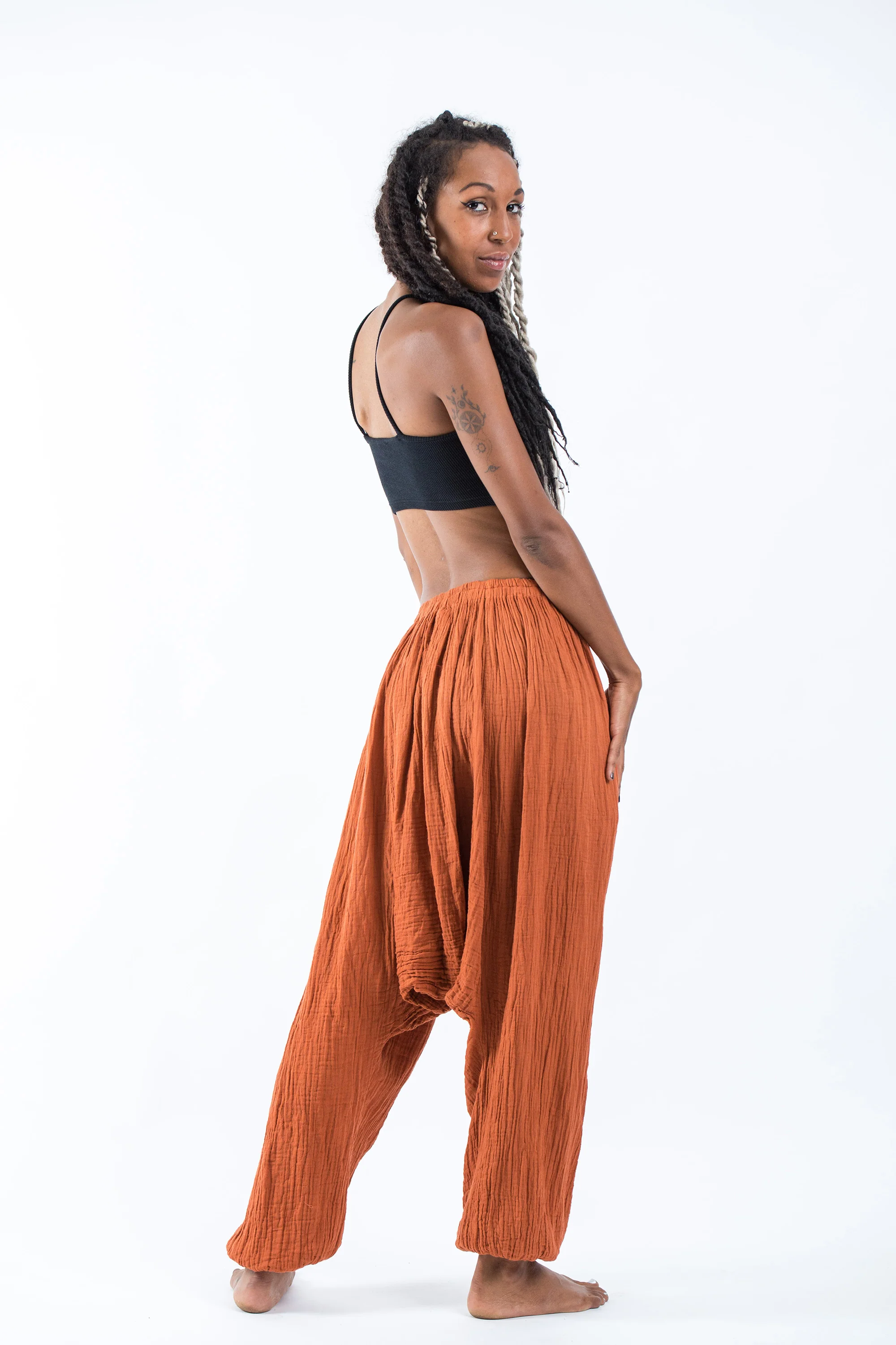 Women's Crinkled Hill Tribe Cotton Harem Pants in Brick - Image 4