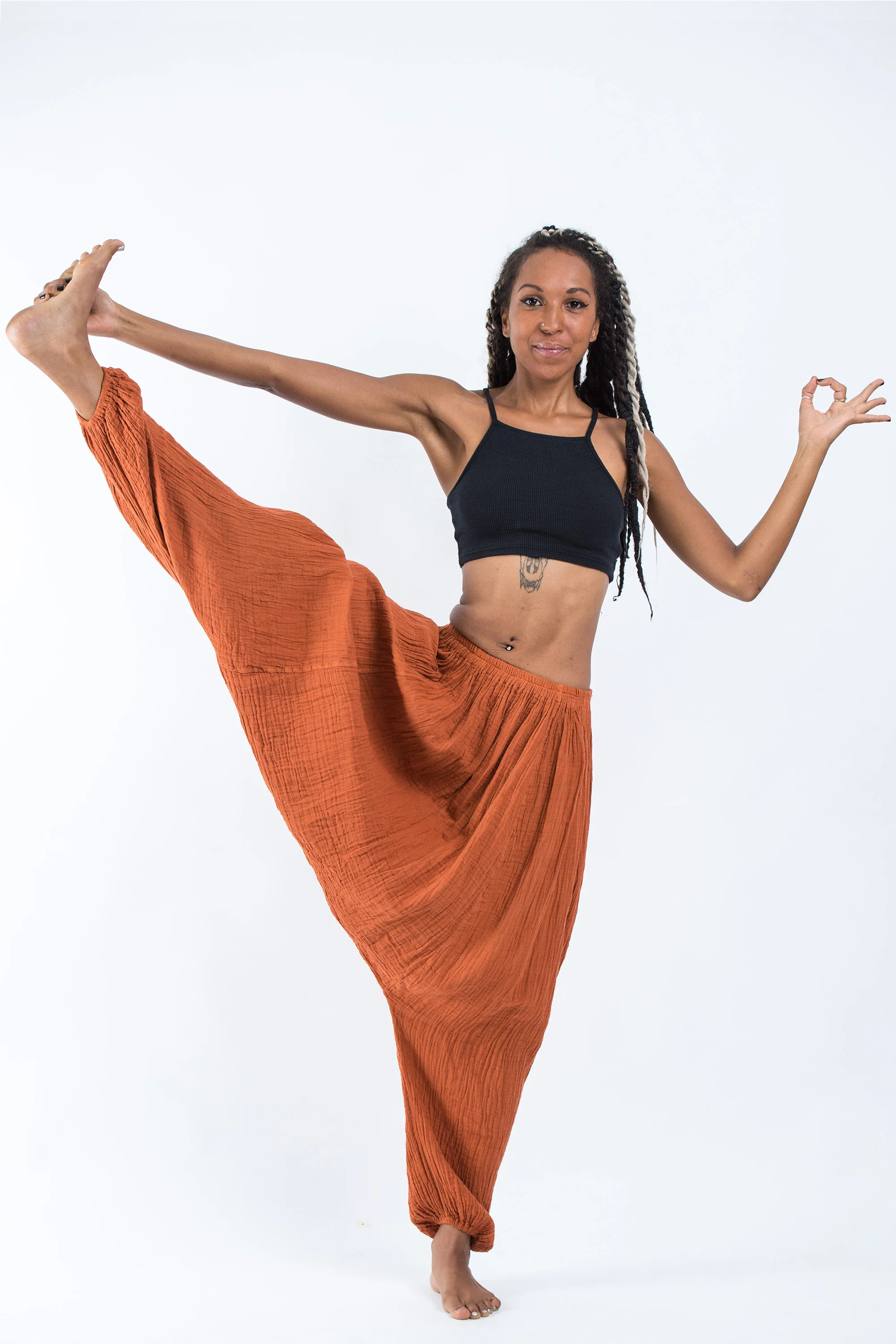 Women's Crinkled Hill Tribe Cotton Harem Pants in Brick - Image 5