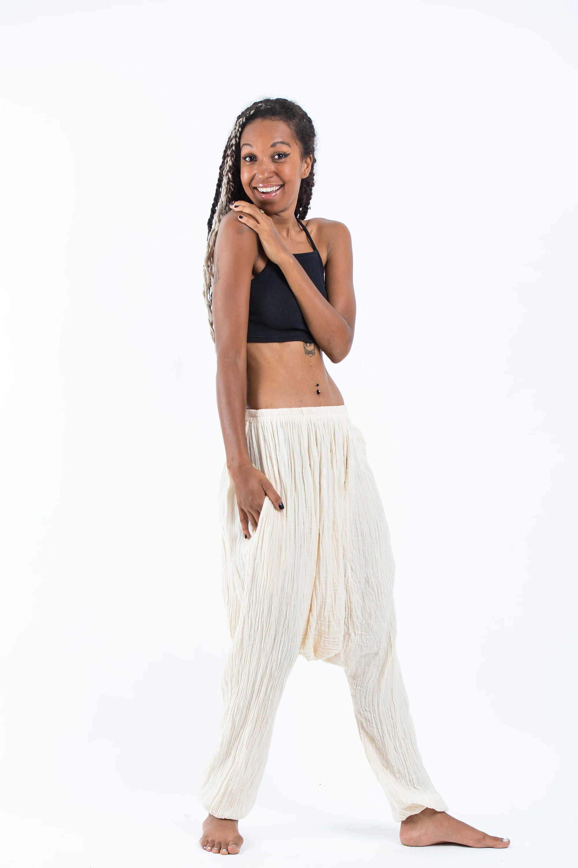 Women's Crinkled Hill Tribe Cotton Harem Pants in Off White