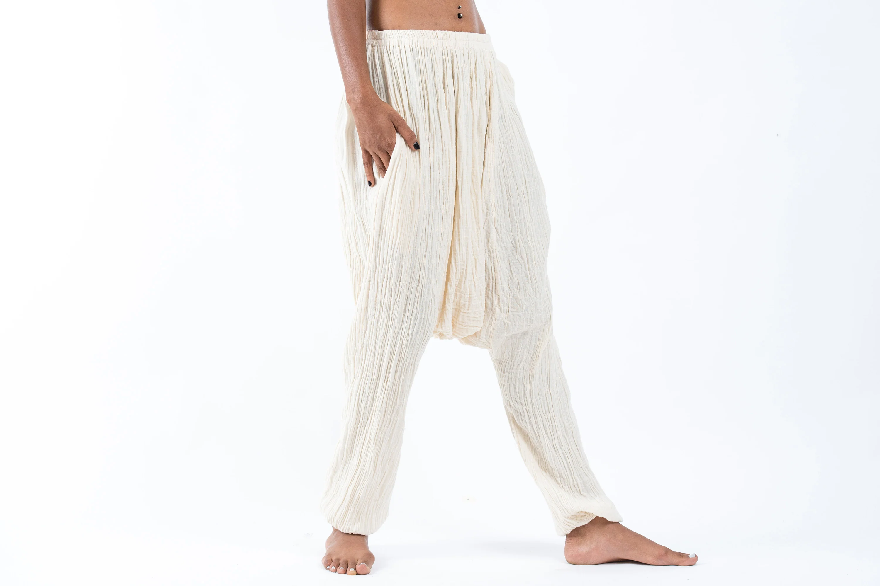 Women's Crinkled Hill Tribe Cotton Harem Pants in Off White - Image 2