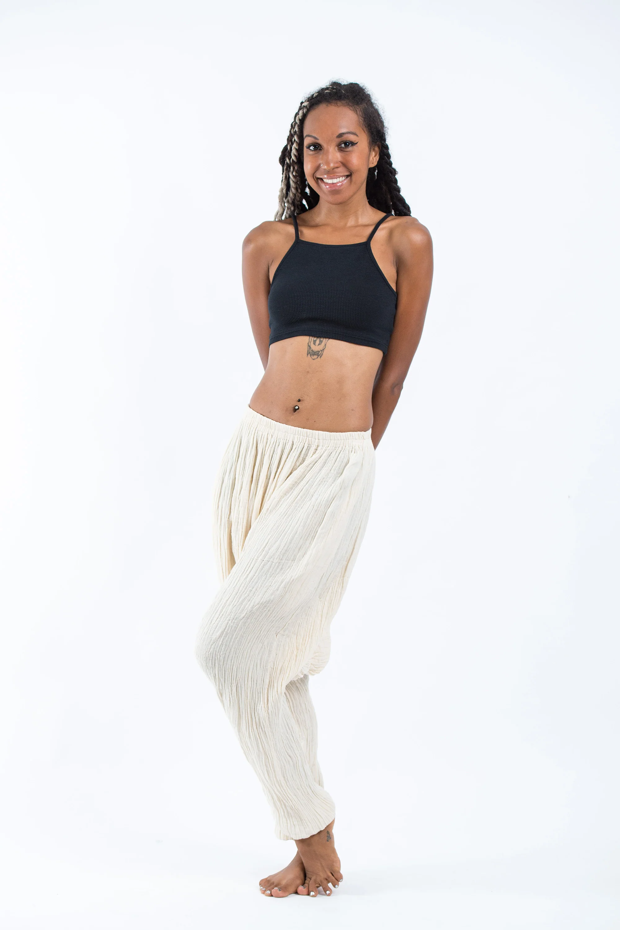 Women's Crinkled Hill Tribe Cotton Harem Pants in Off White - Image 4
