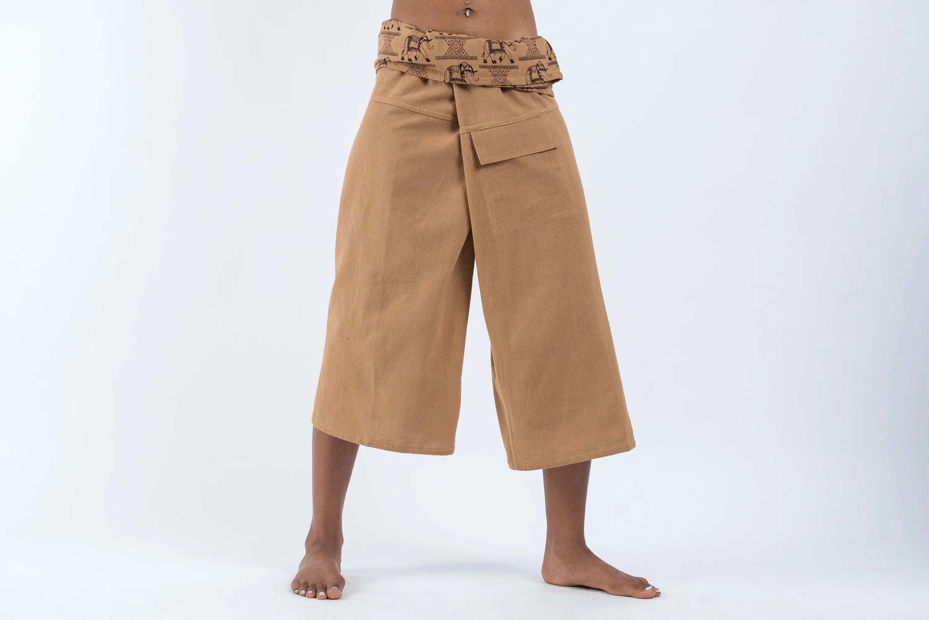 Women's Cropped Fisherman Pants with Pattern Waist Band in Beige - Image 2