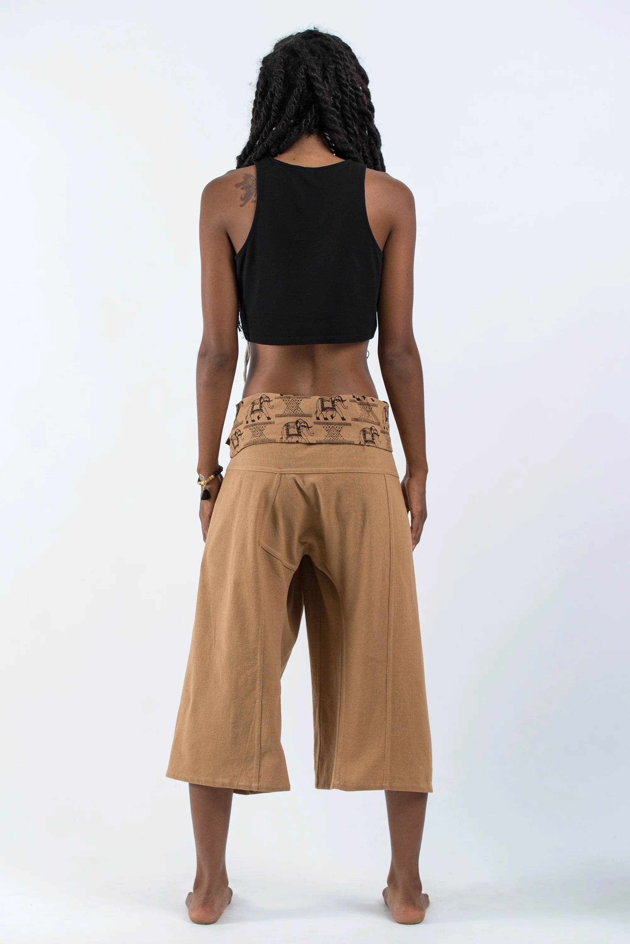 Women's Cropped Fisherman Pants with Pattern Waist Band in Beige - Image 3