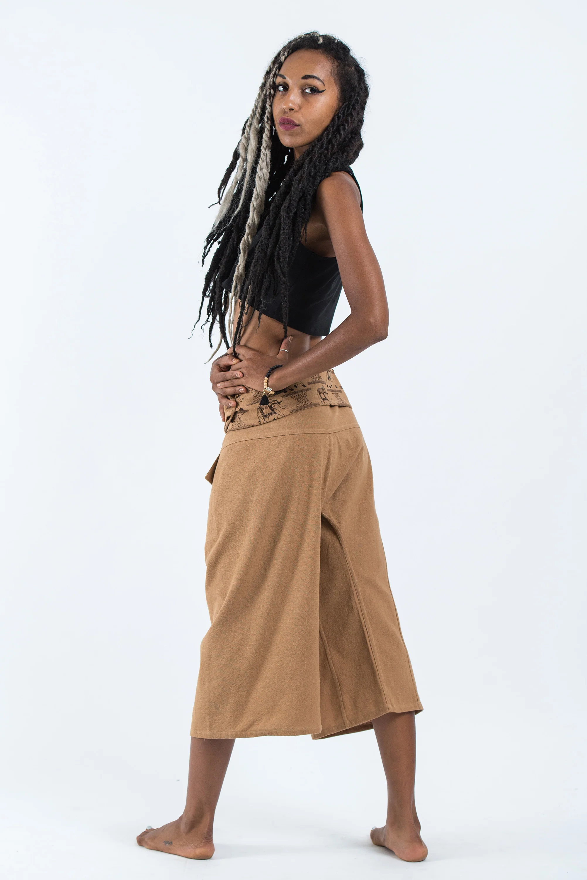 Women's Cropped Fisherman Pants with Pattern Waist Band in Beige - Image 4