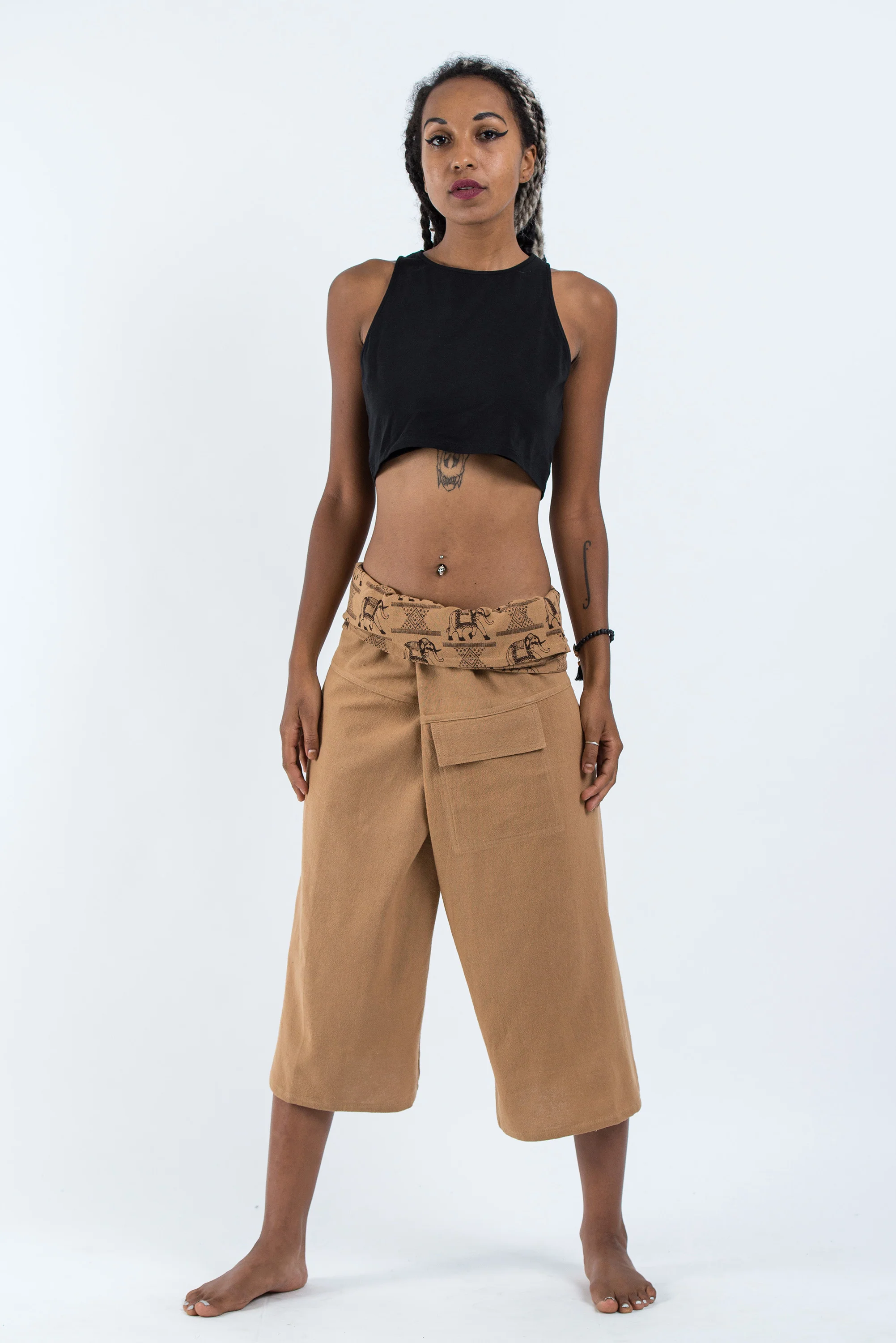 Women's Cropped Fisherman Pants with Pattern Waist Band in Beige - Image 5