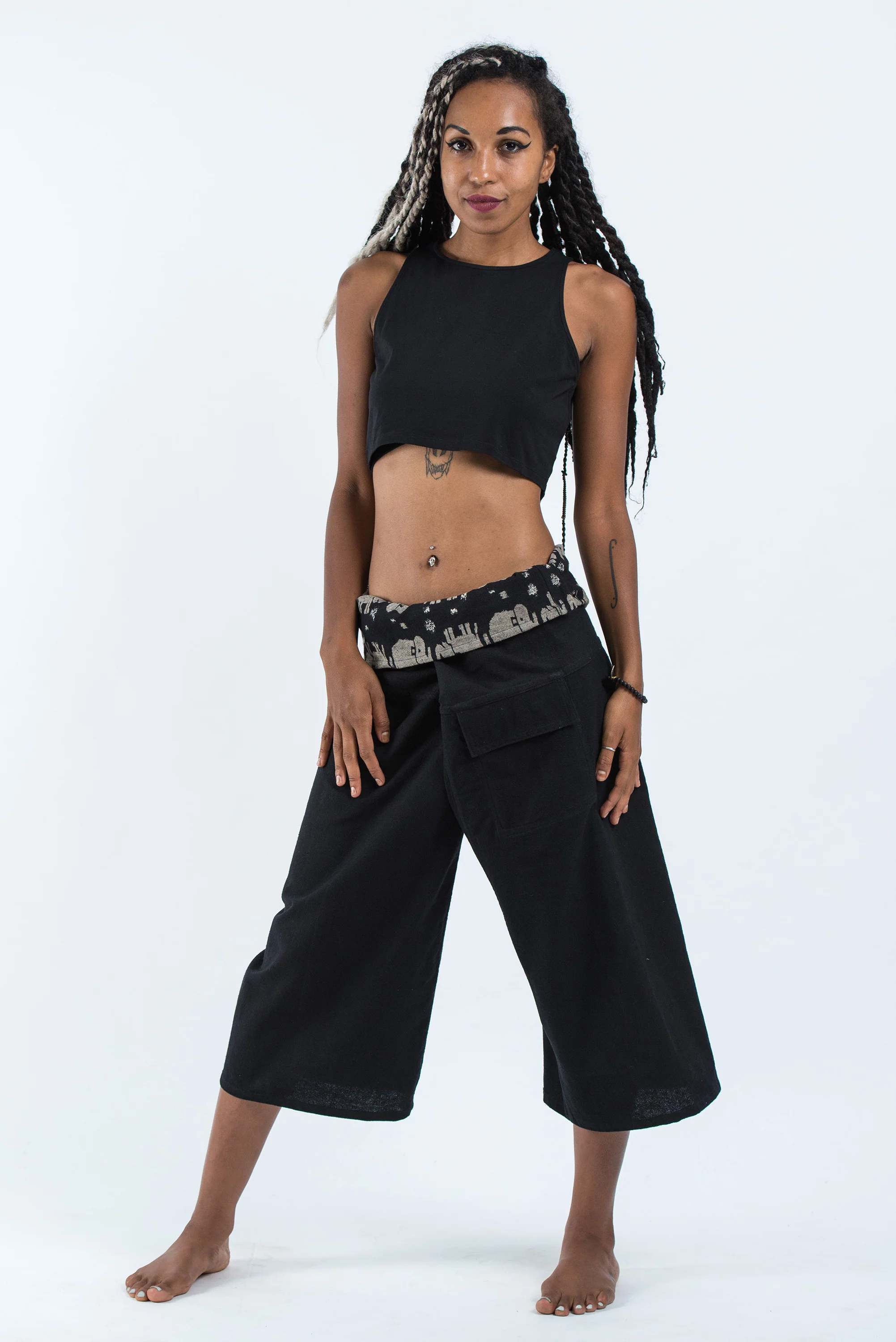 Women's Cropped Fisherman Pants with Pattern Waist Band in Black