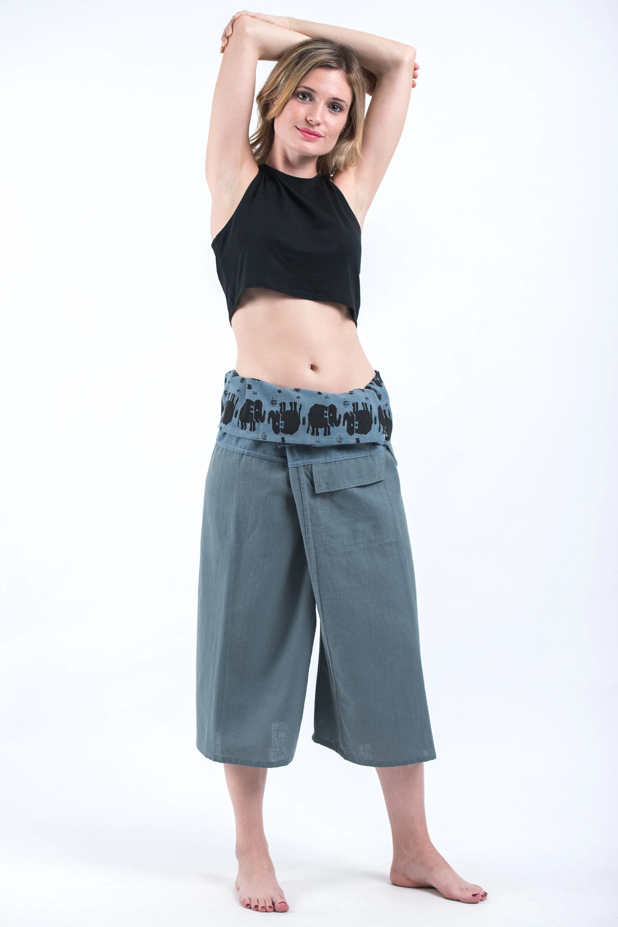 Women's Cropped Fisherman Pants with Pattern Waist Band in Blue Gray
