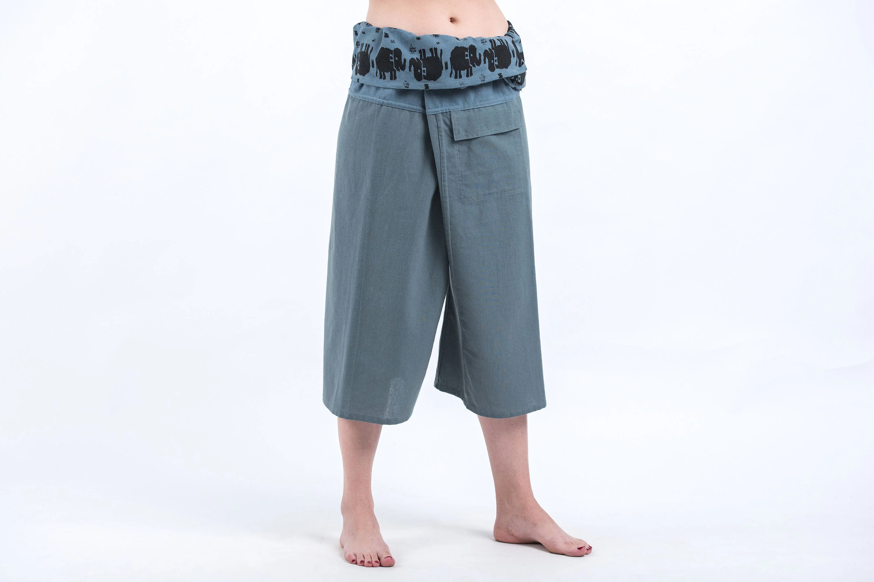 Women's Cropped Fisherman Pants with Pattern Waist Band in Blue Gray - Image 2