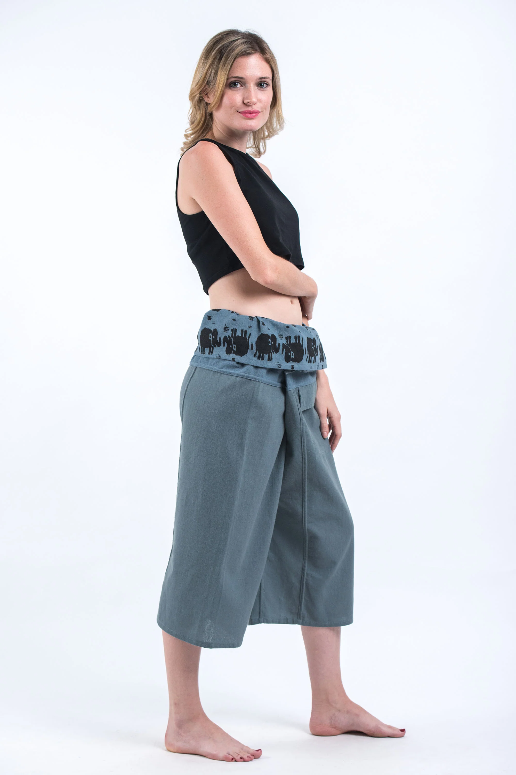 Women's Cropped Fisherman Pants with Pattern Waist Band in Blue Gray - Image 3