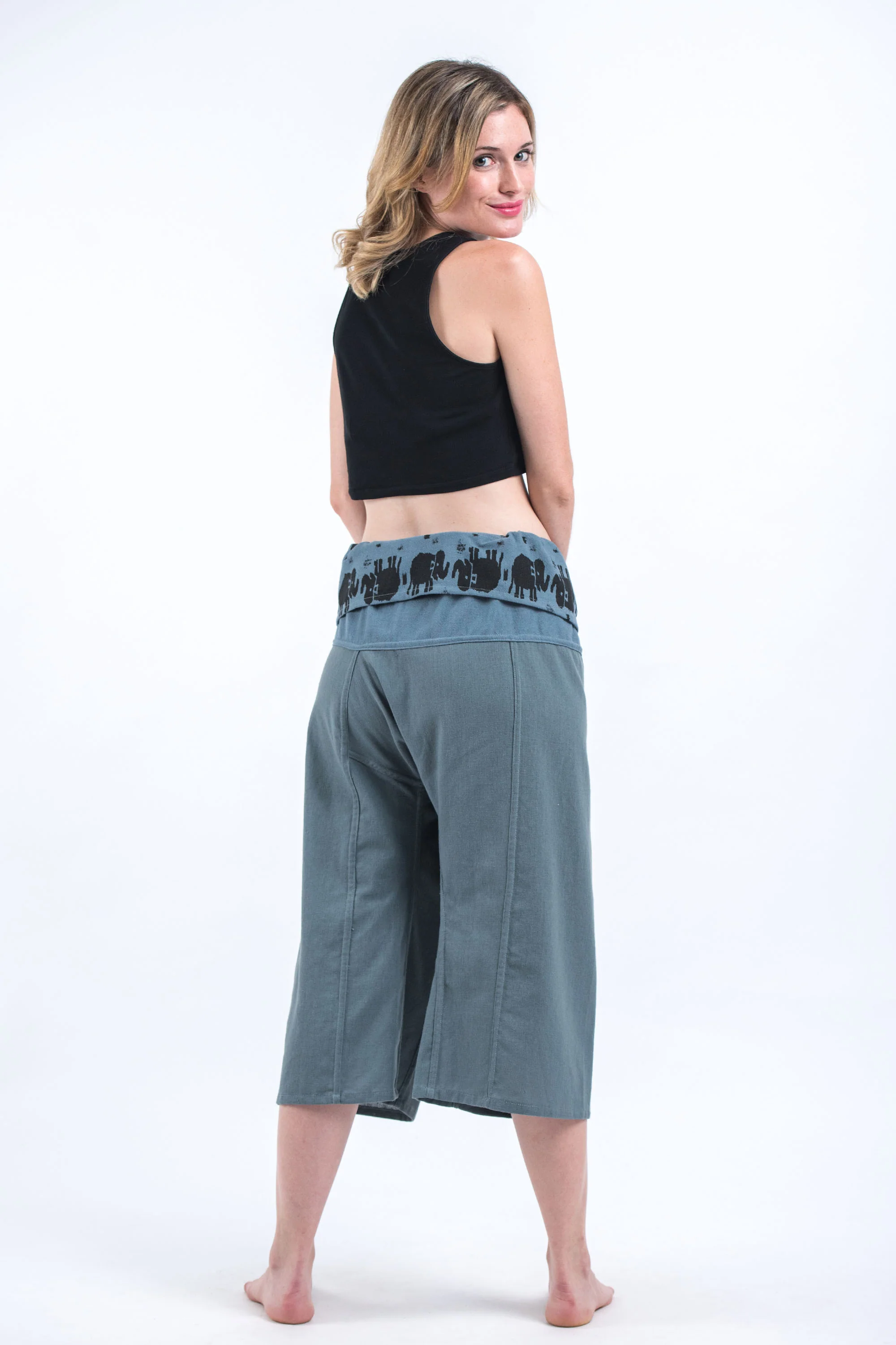 Women's Cropped Fisherman Pants with Pattern Waist Band in Blue Gray - Image 4