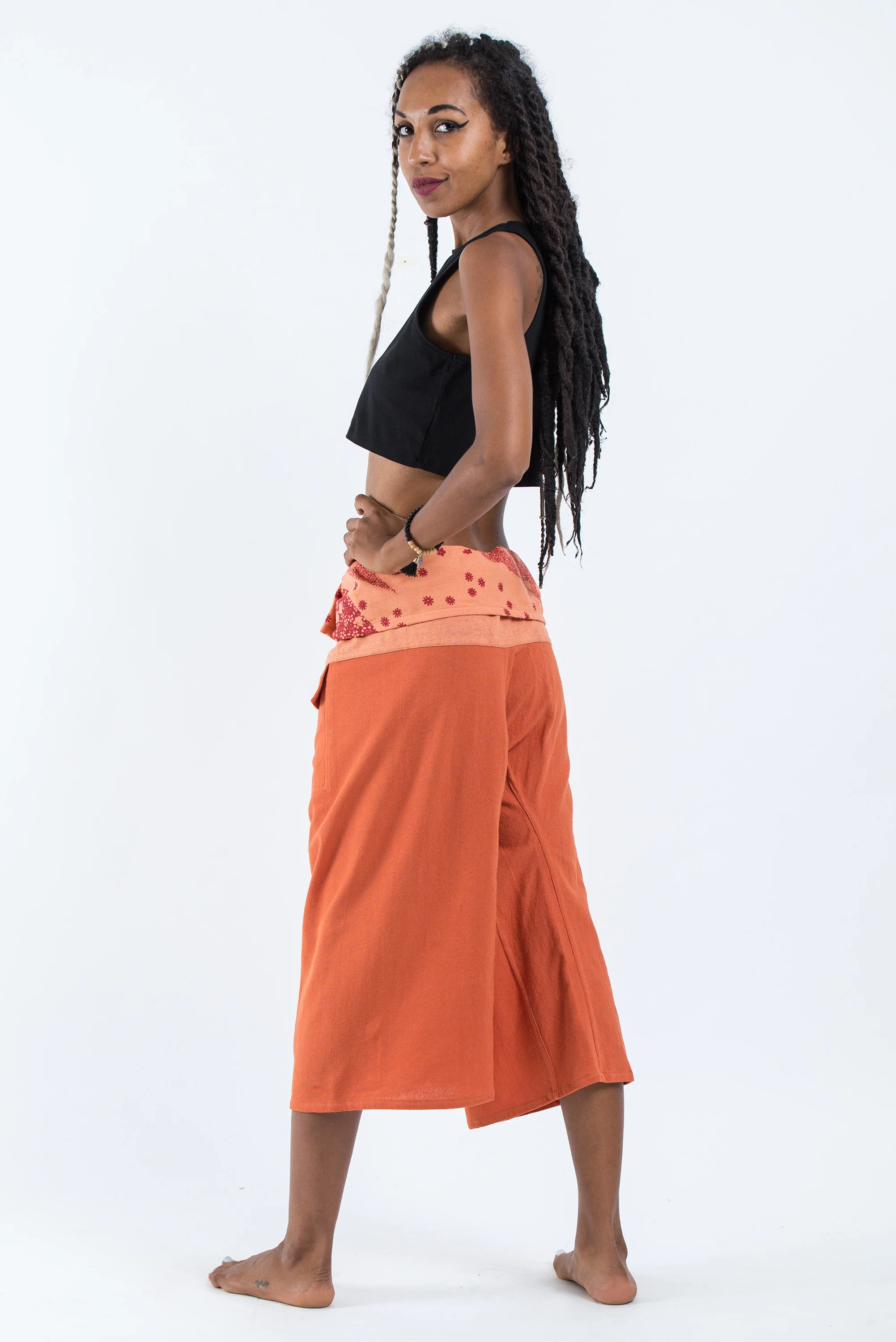 Women's Cropped Fisherman Pants with Pattern Waist Band in Orange - Image 3