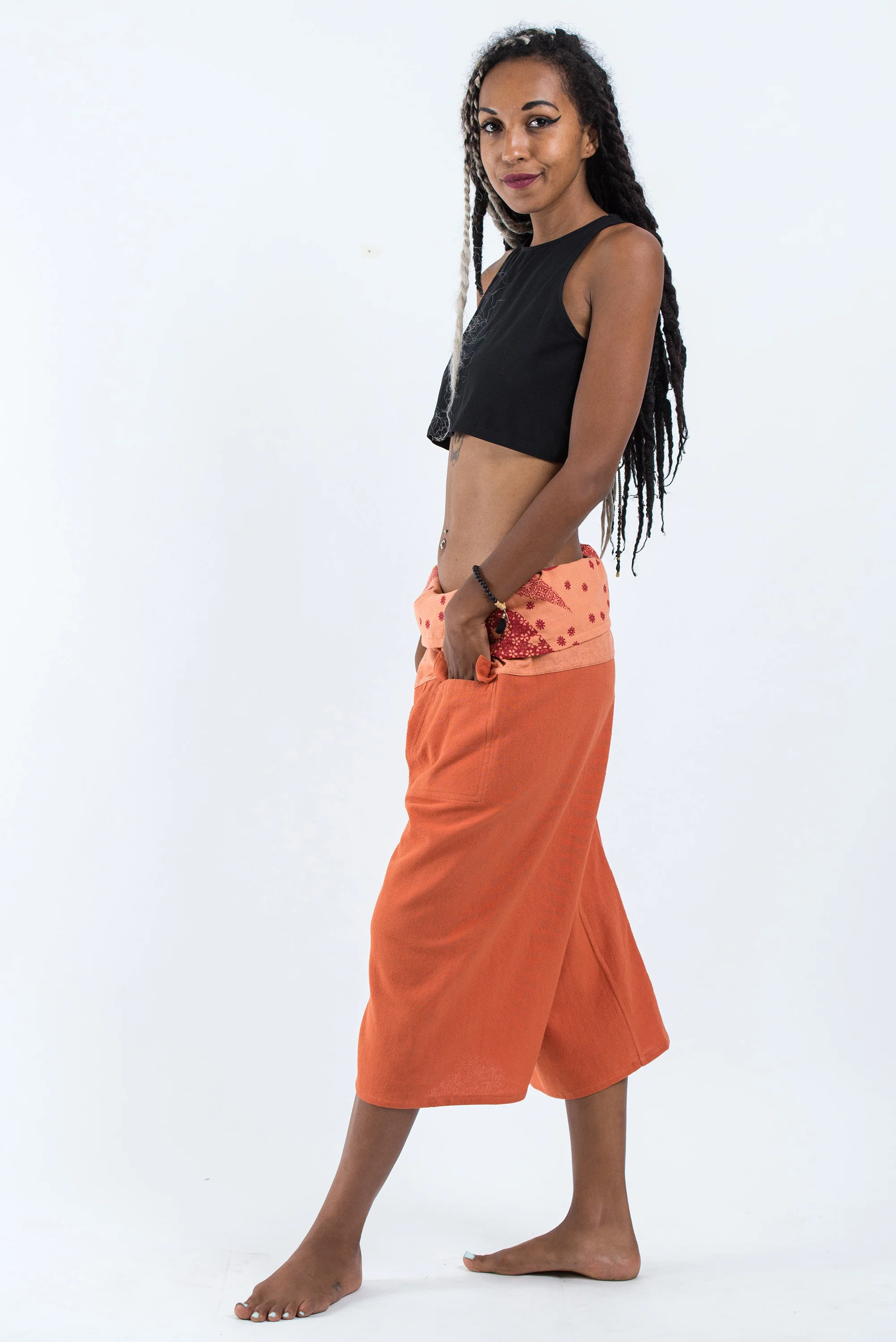 Women's Cropped Fisherman Pants with Pattern Waist Band in Orange - Image 4