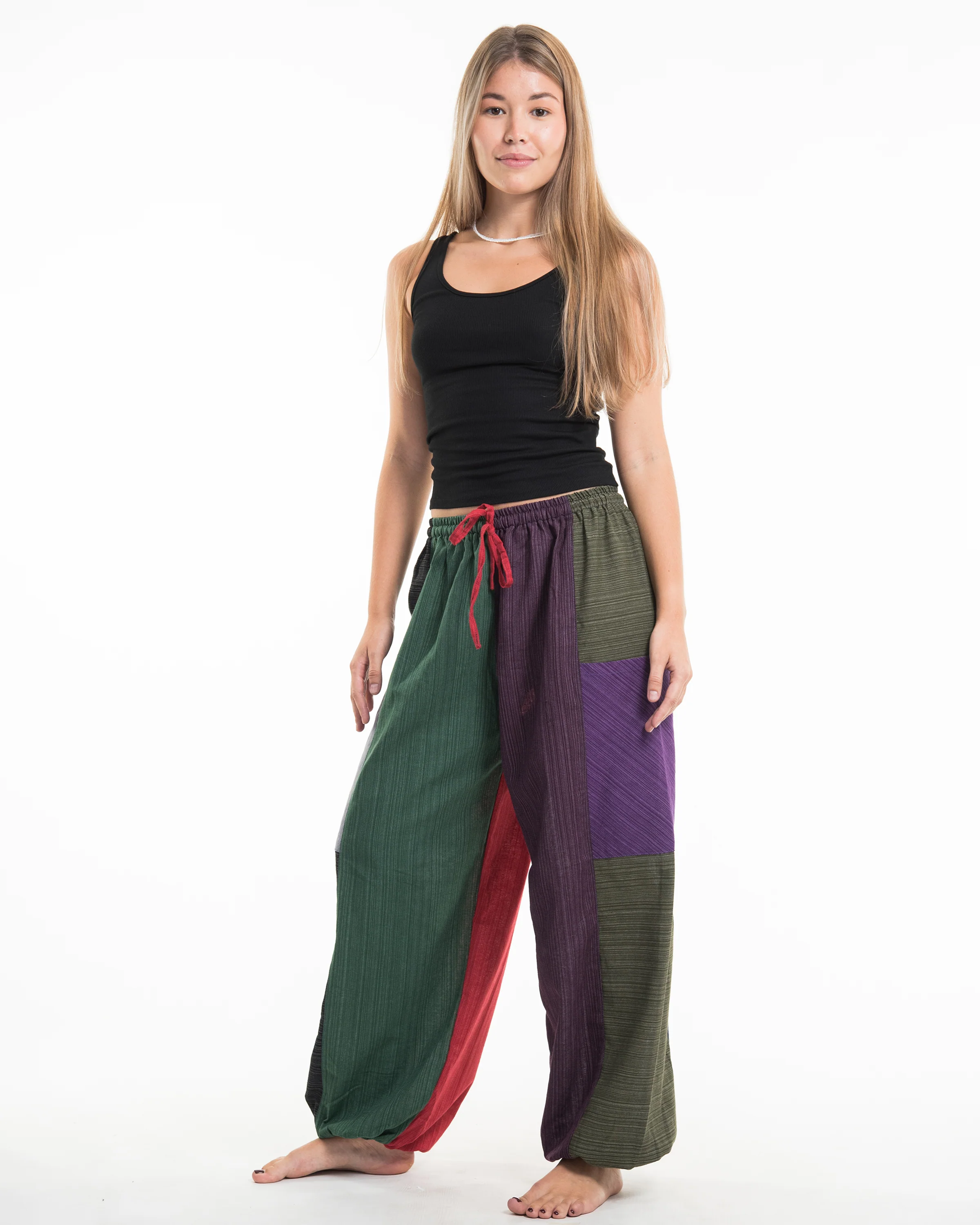 Women's Drawstring Patchwork Pinstripes Cotton Pants - Image 4