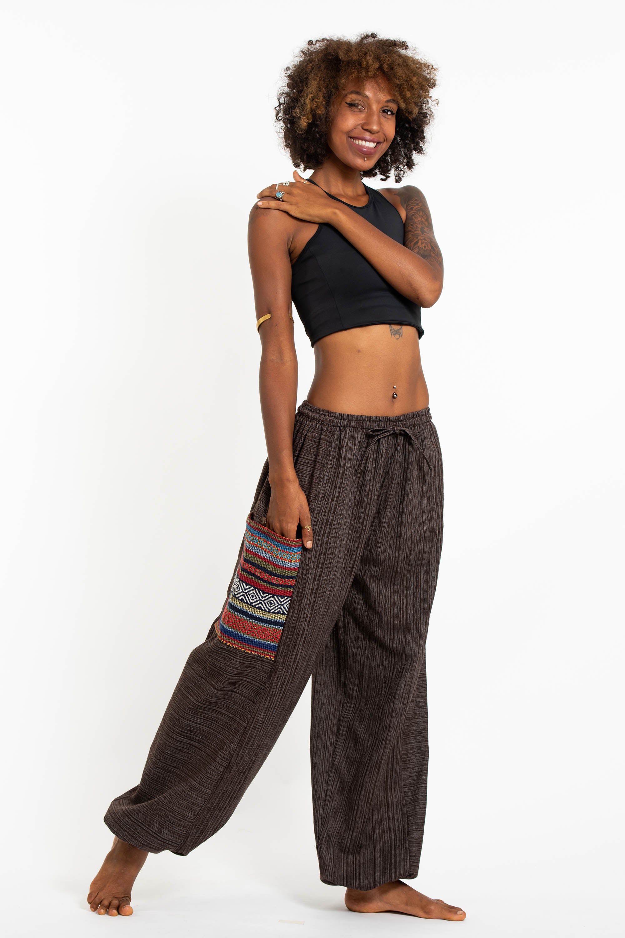 Women's Drawstring Pinstripes Cotton Pants with Aztec Pocket in Brown - Image 3