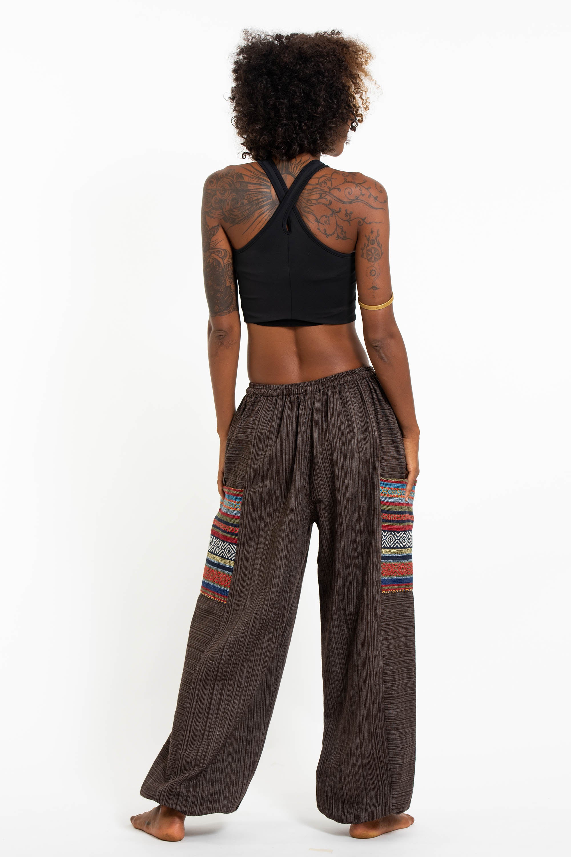 Women's Drawstring Pinstripes Cotton Pants with Aztec Pocket in Brown - Image 4