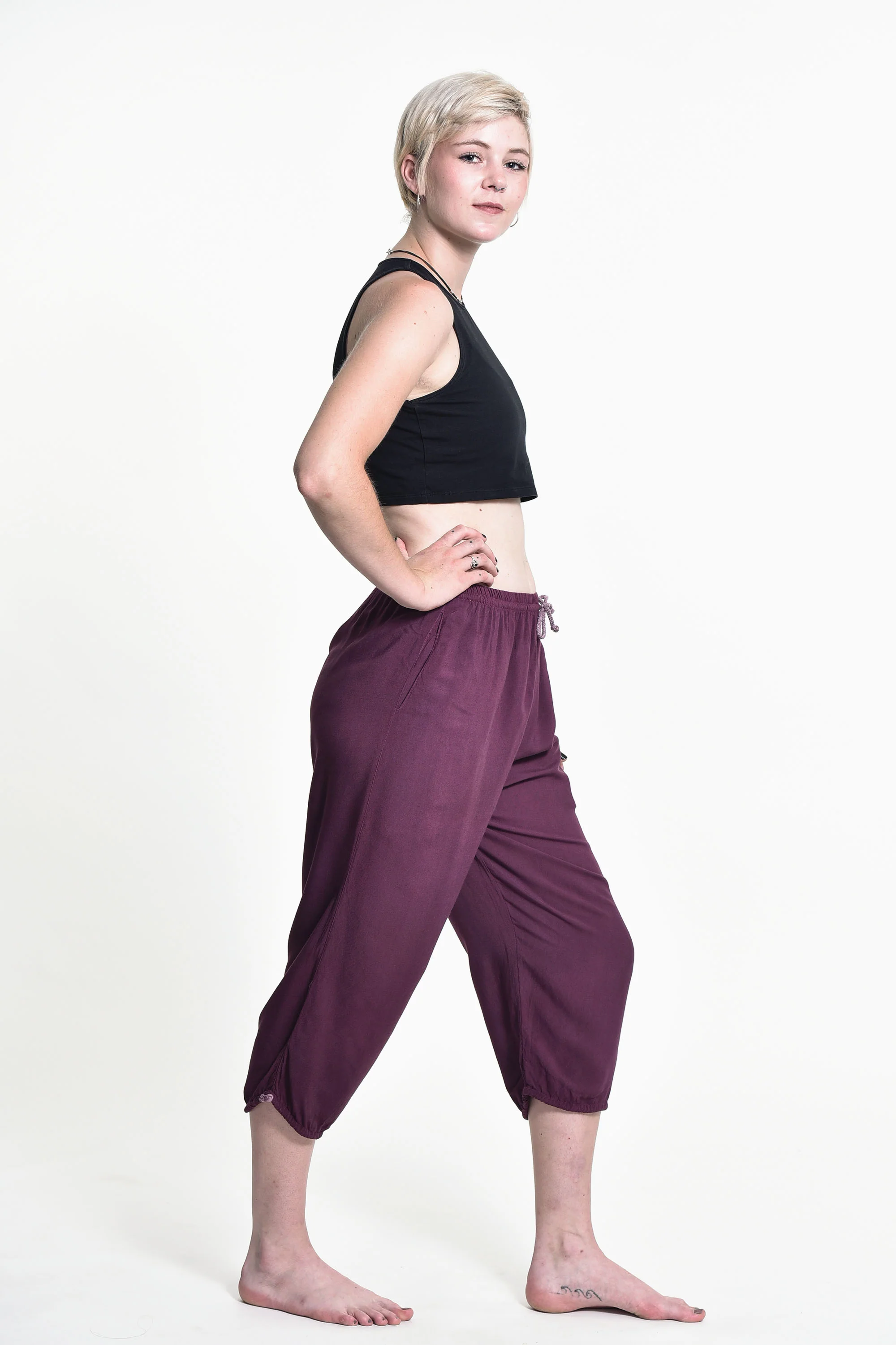 Women's Drawstring Yoga Massage Cropped Pants in Dark Purple - Image 3