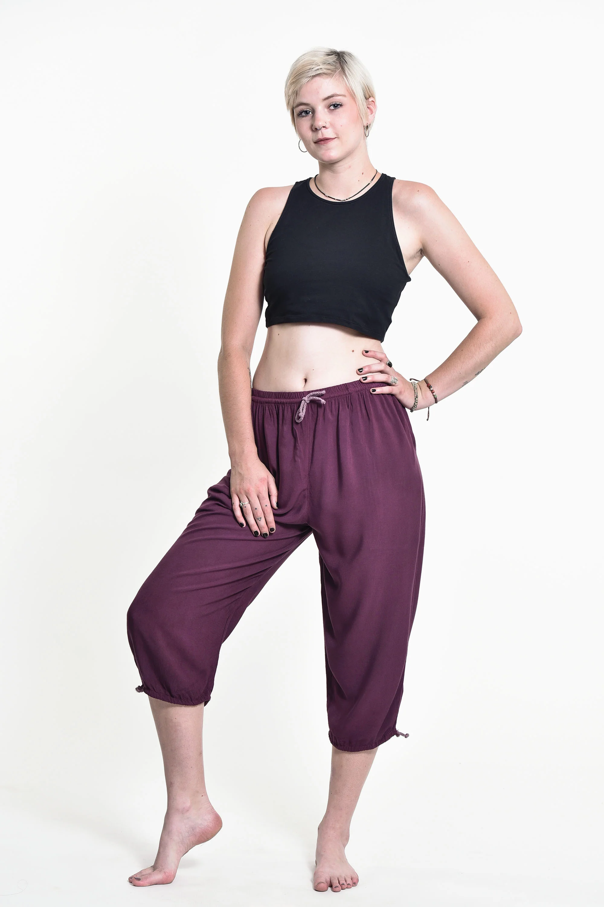 Women's Drawstring Yoga Massage Cropped Pants in Dark Purple - Image 5