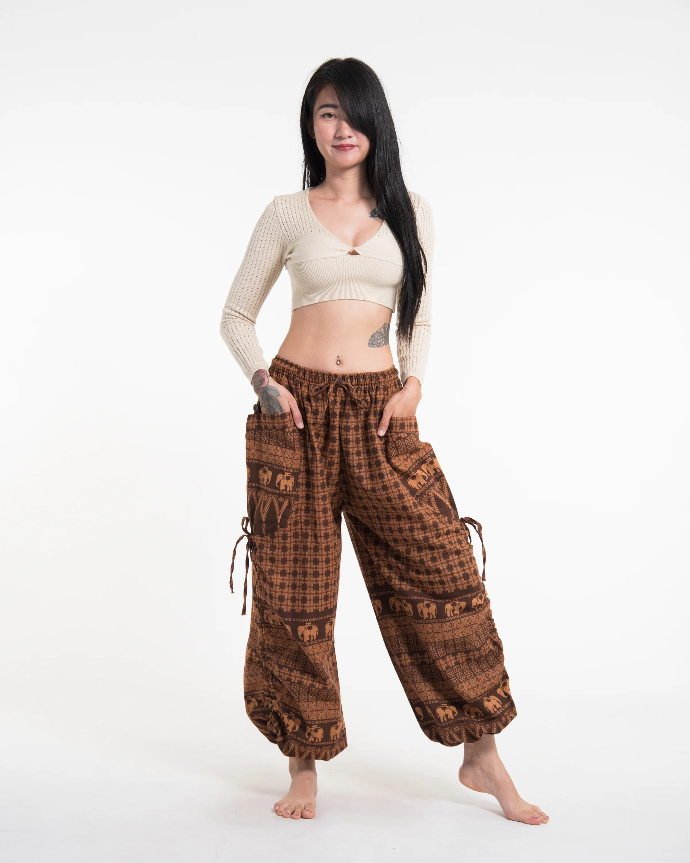Women's Hill Tribe Cotton Elephant Pants in Brown - Image 4