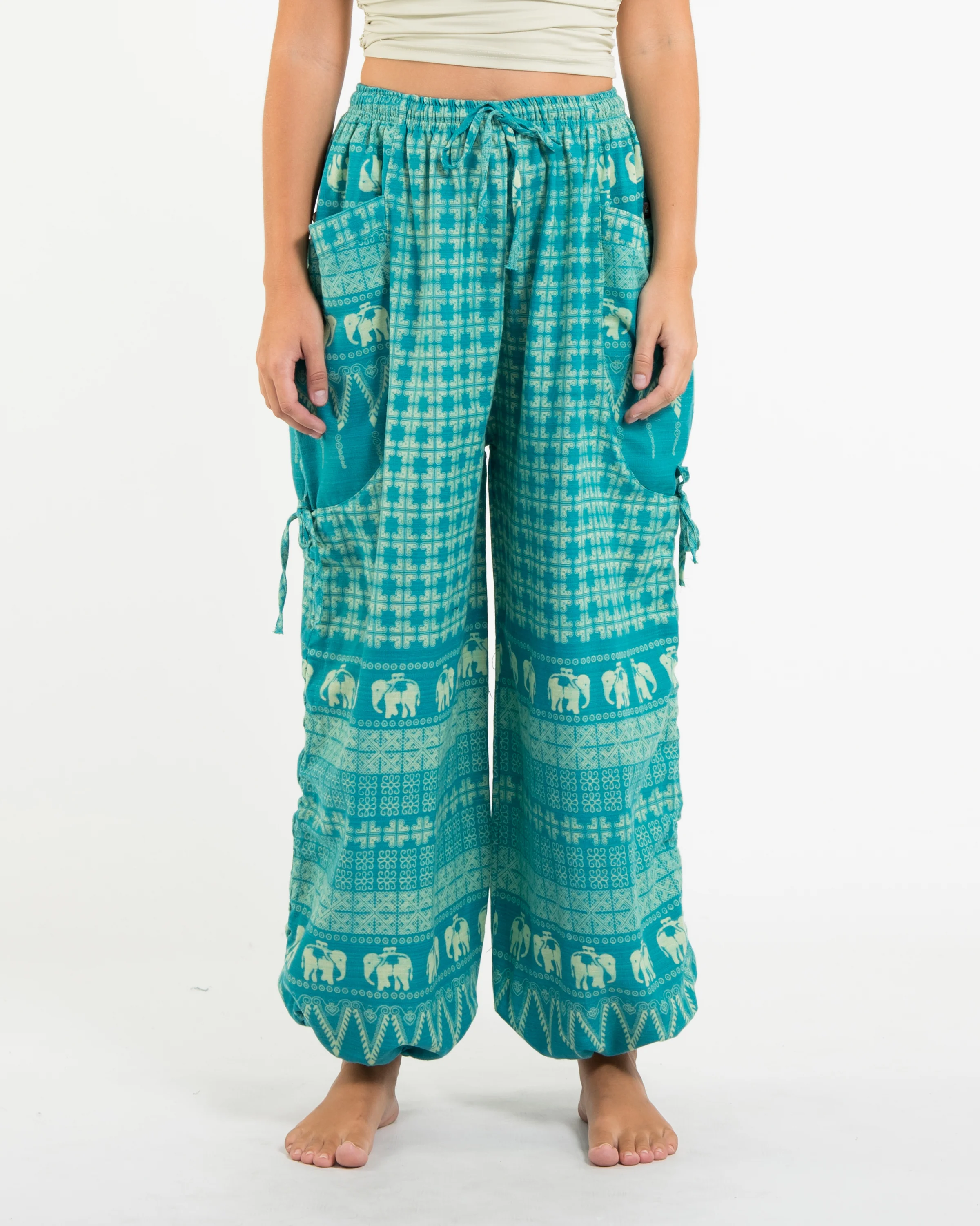 Women's Hill Tribe Cotton Elephant Pants in Turquoise - Image 2