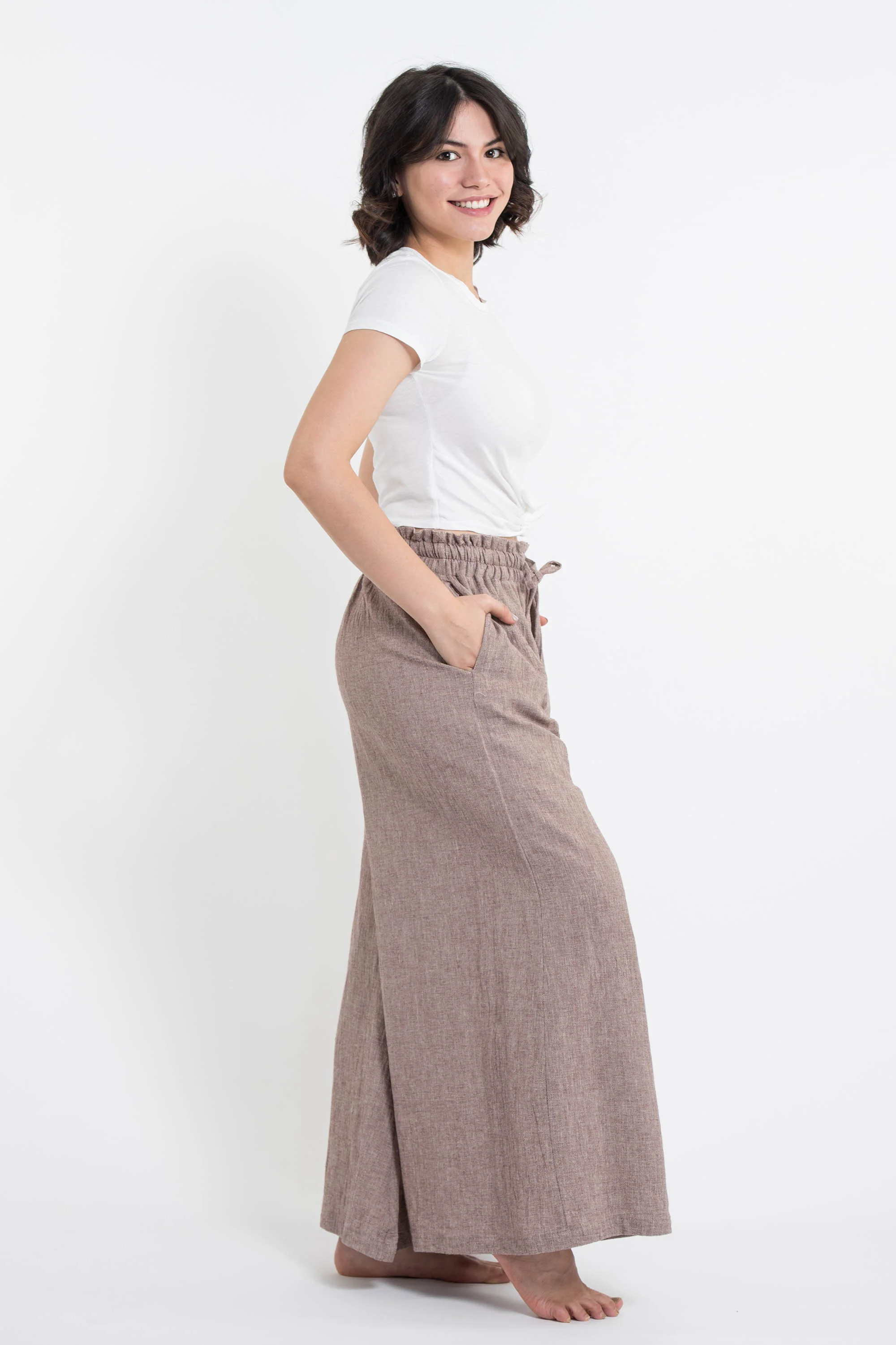 Women's Linen Cotton Blend Palazzo Pants in Brown - Image 3