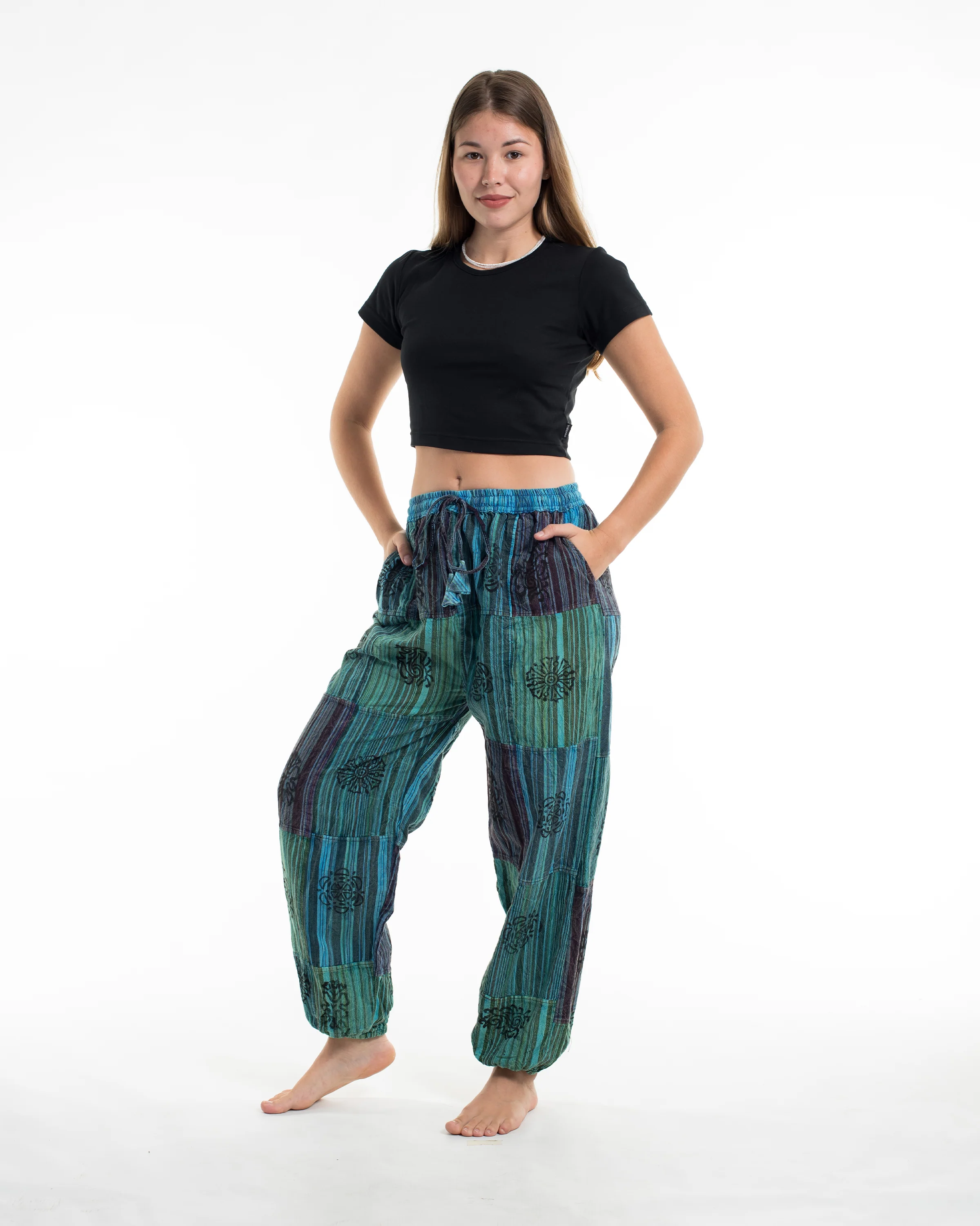 Women's Patchwork Block-Printed Harem Pants in Blue