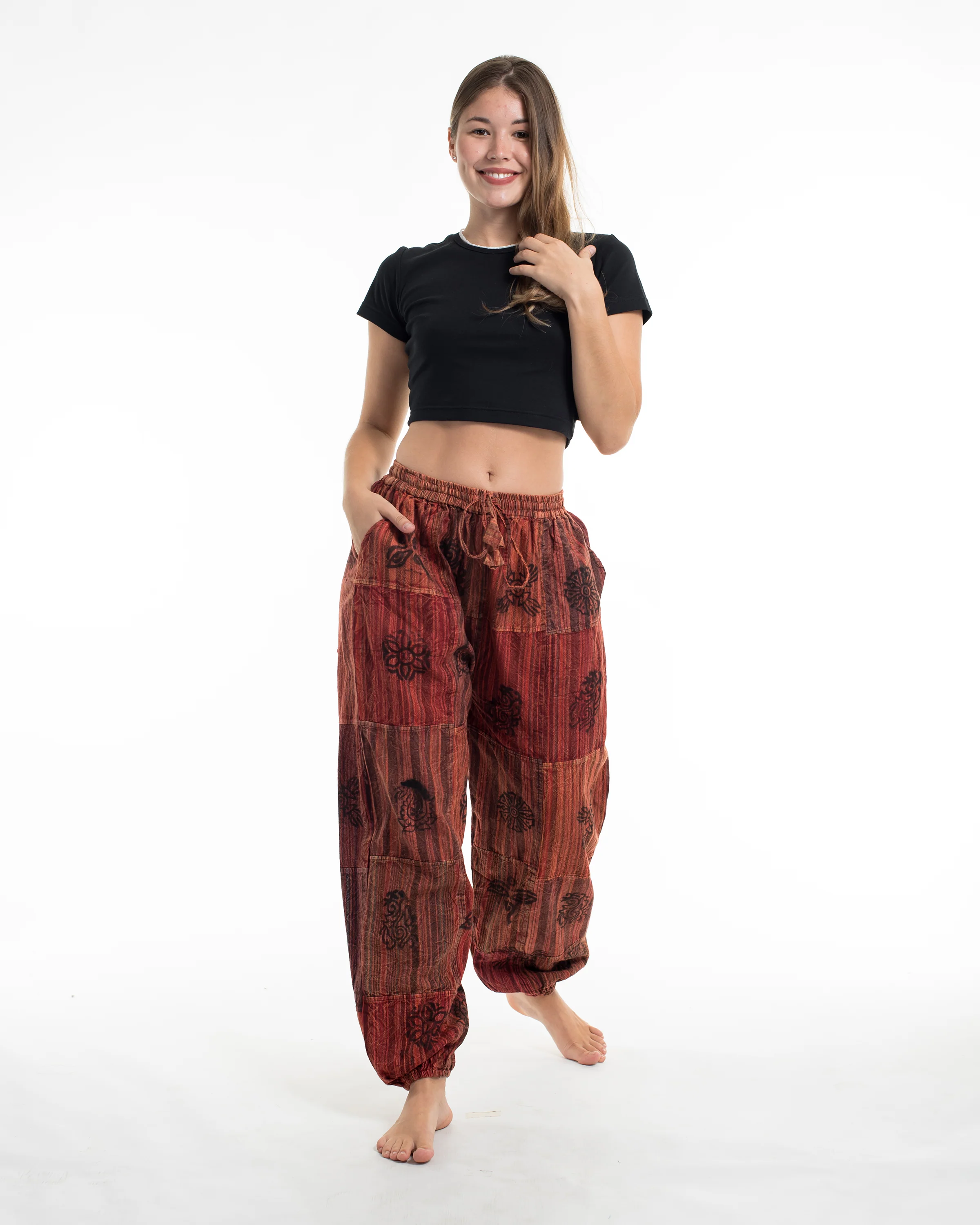 Women's Patchwork Block-Printed Harem Pants in Red