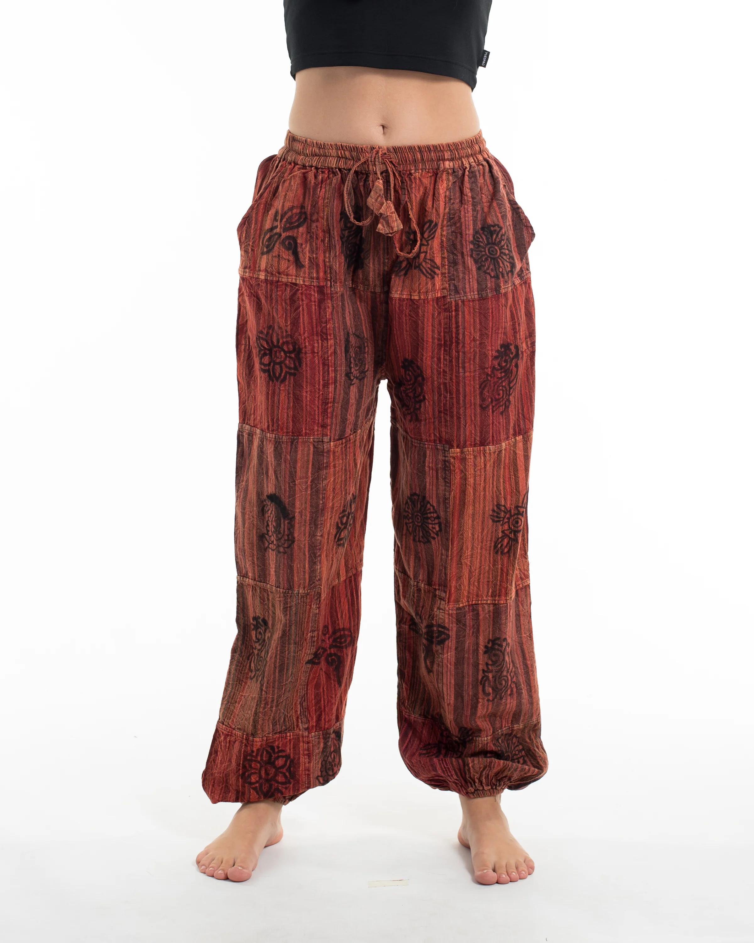 Women's Patchwork Block-Printed Harem Pants in Red - Image 4
