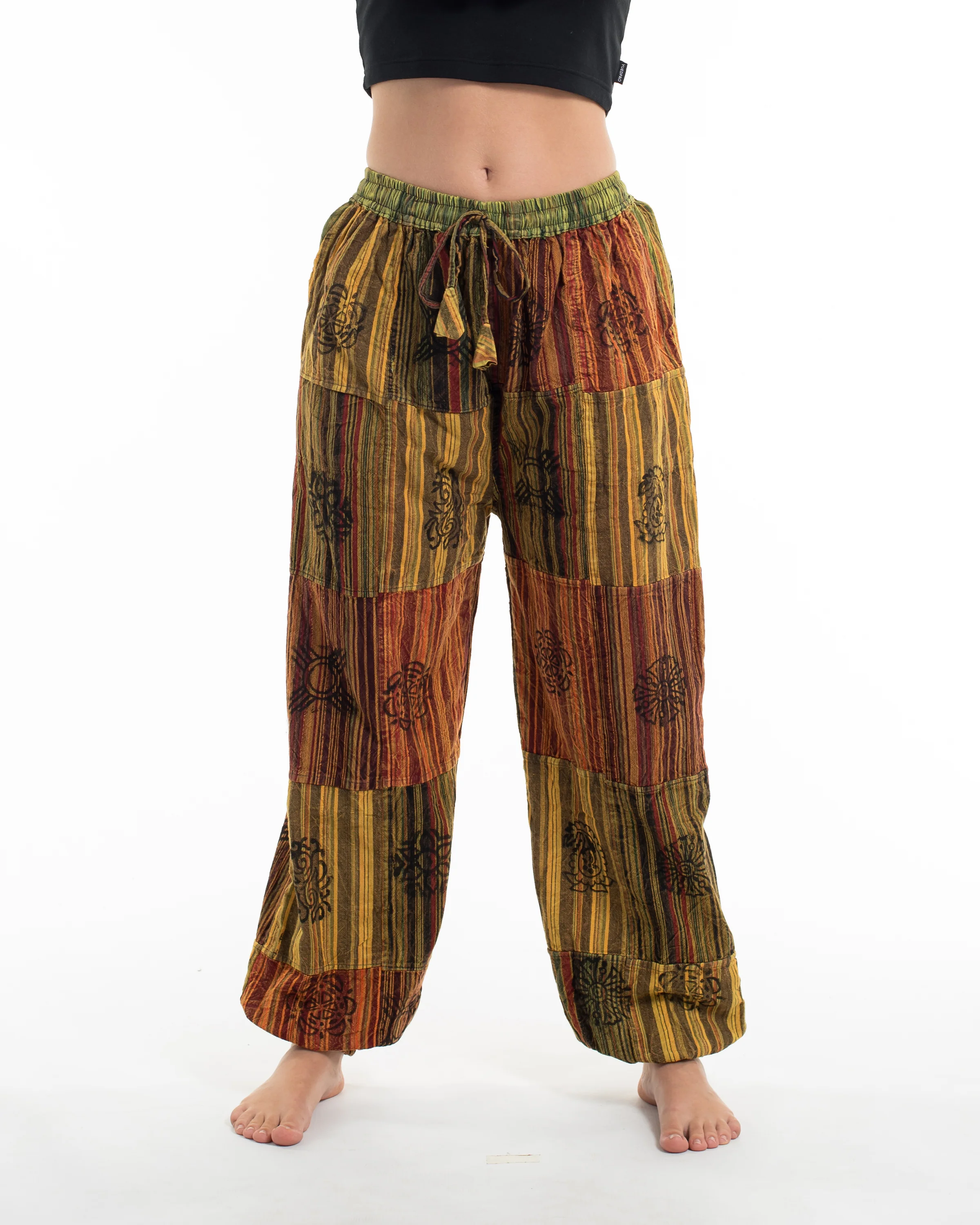 Women's Patchwork Block-Printed Harem Pants in Yellow - Image 3