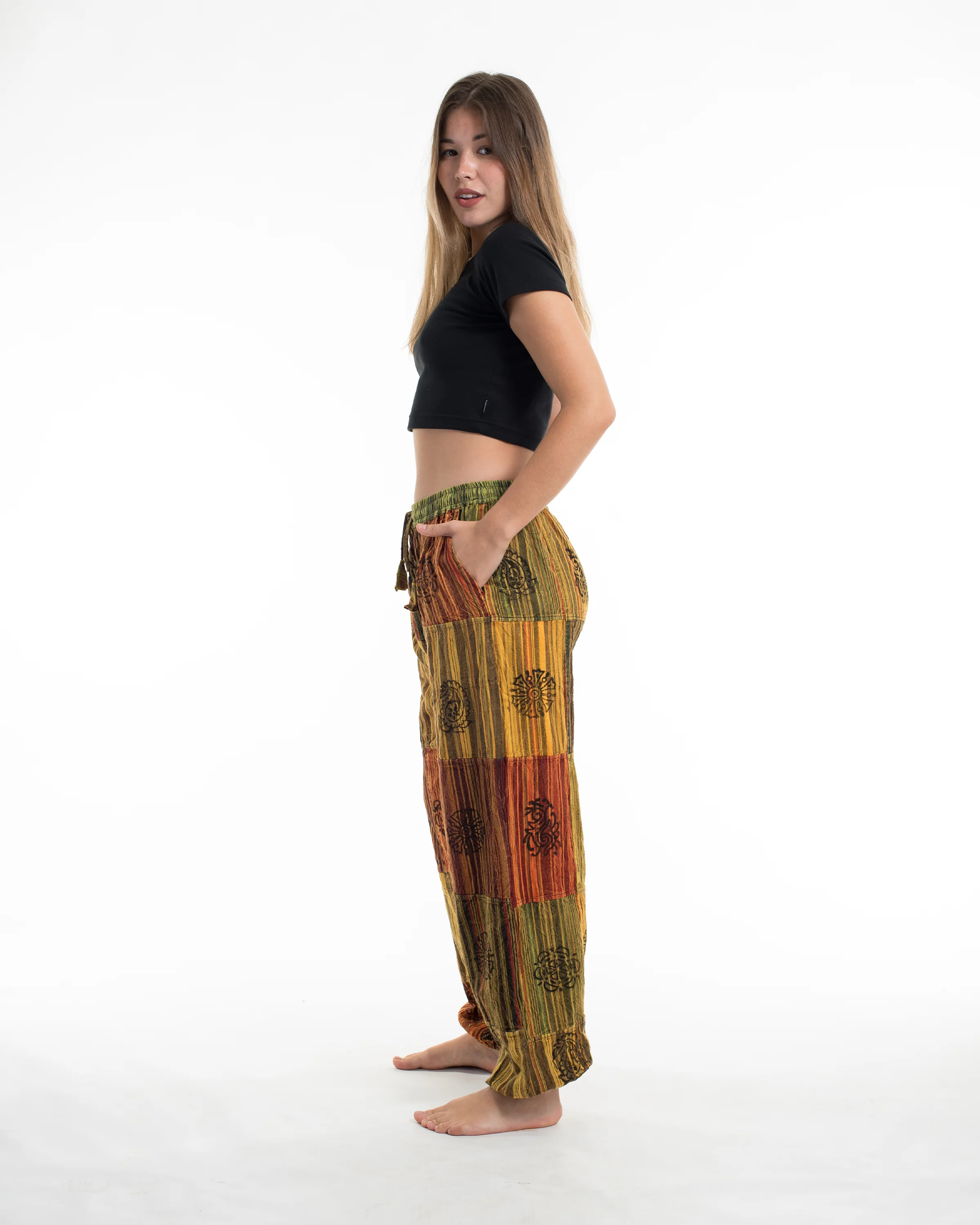 Women's Patchwork Block-Printed Harem Pants in Yellow - Image 4
