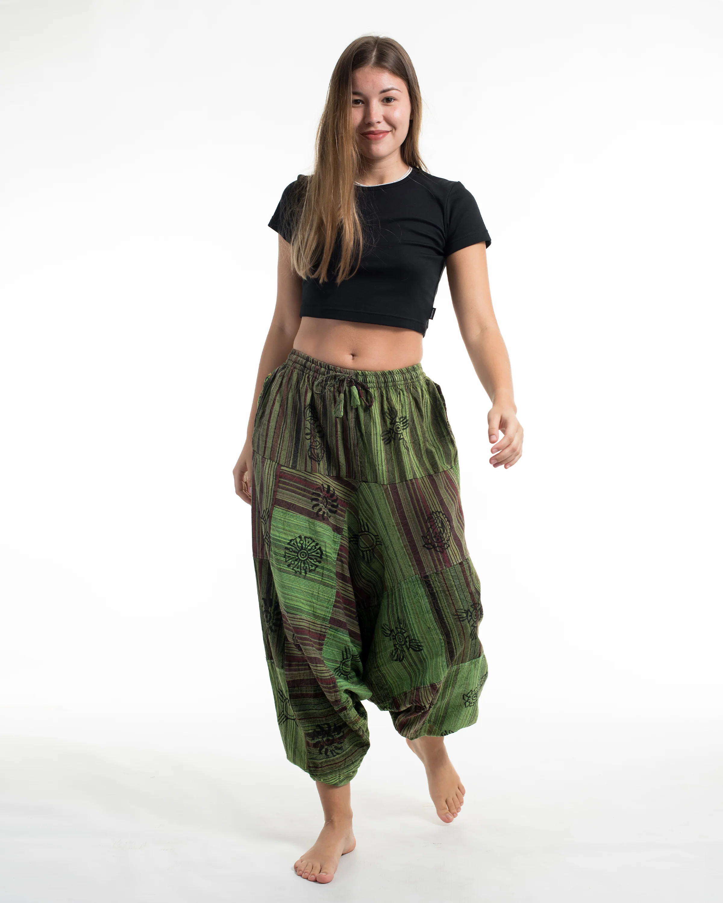 Women's Patchwork Block-Printed Low Cut Harem Pants in Green