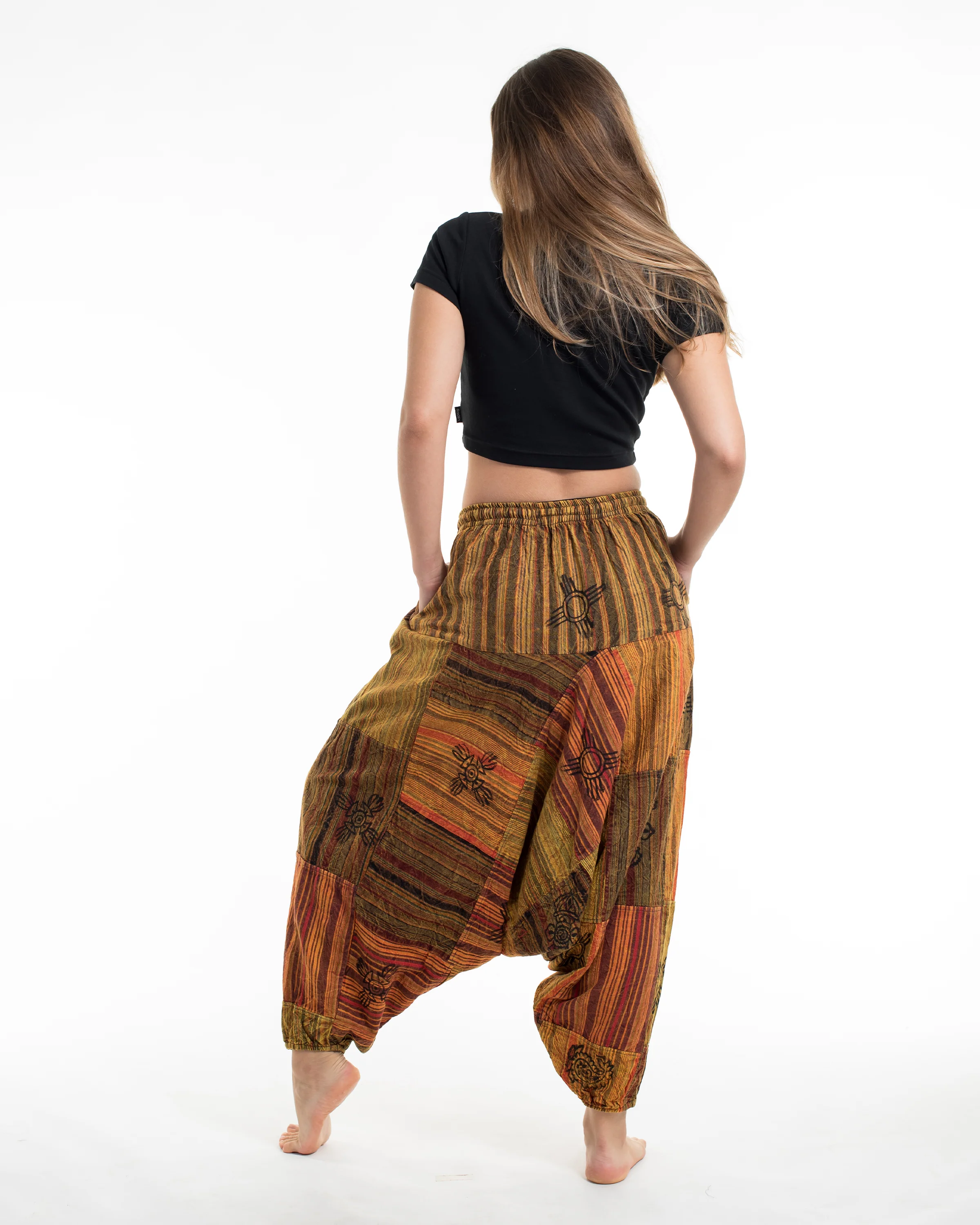 Women's Patchwork Block-Printed Low Cut Harem Pants in Orange - Image 2