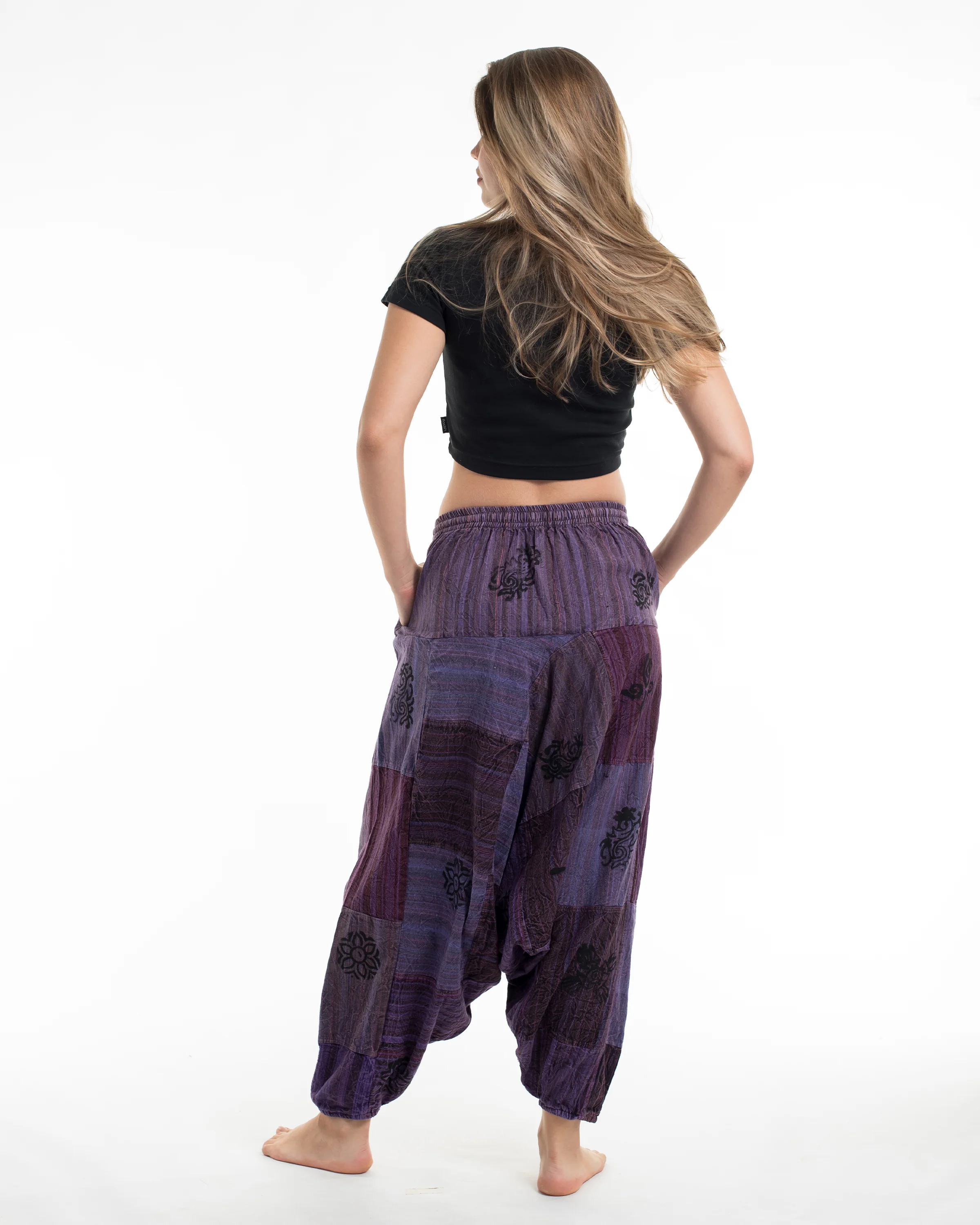 Women's Patchwork Block-Printed Low Cut Harem Pants in Purple - Image 3