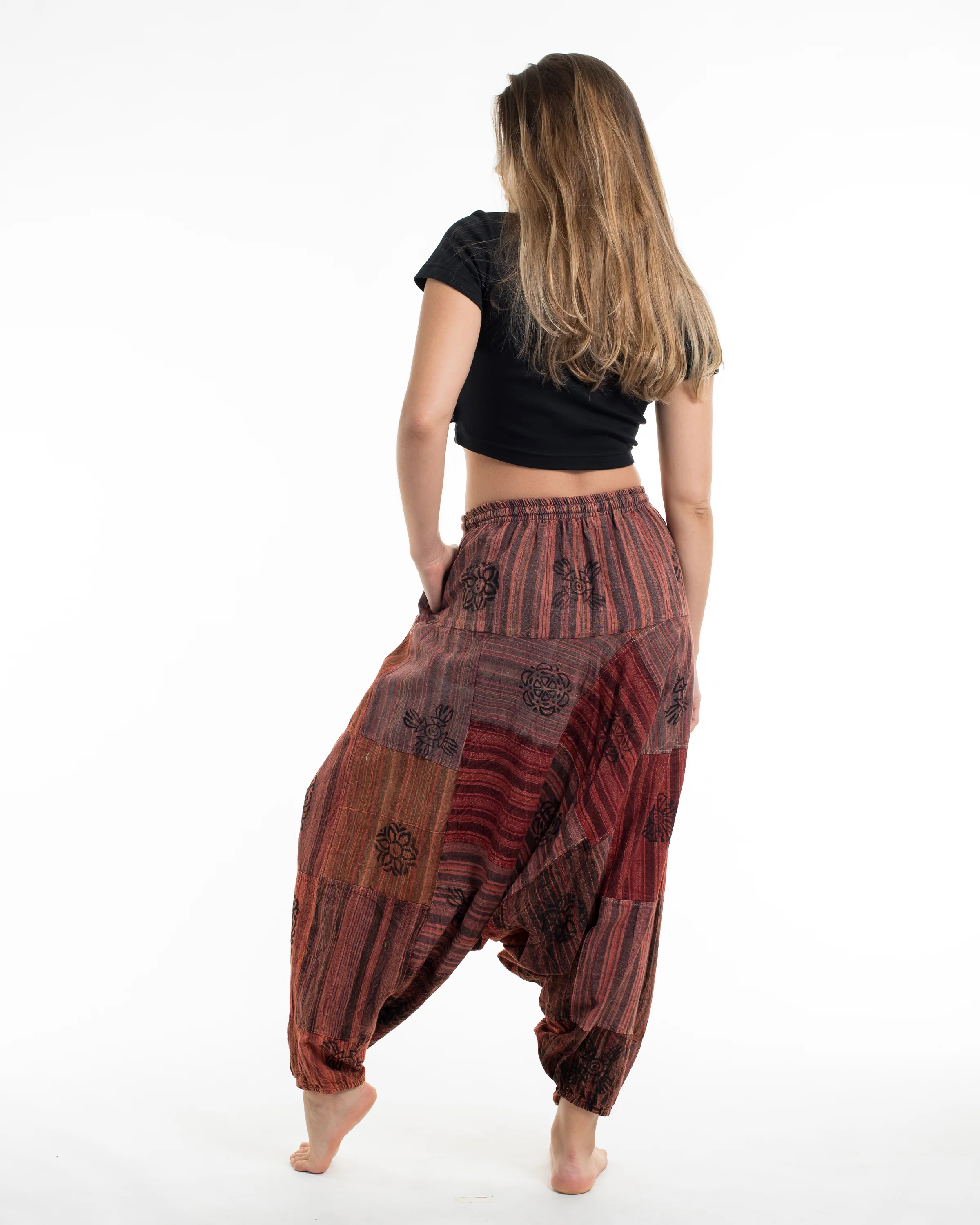 Women's Patchwork Block-Printed Low Cut Harem Pants in Rust - Image 3