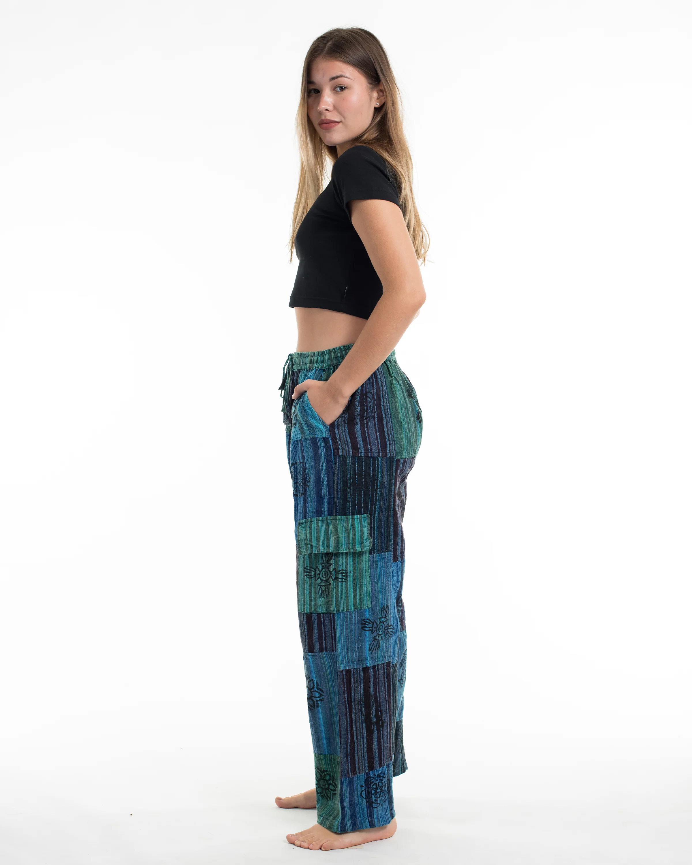 Women's Patchwork Block-Printed Pants in Blue - Image 2