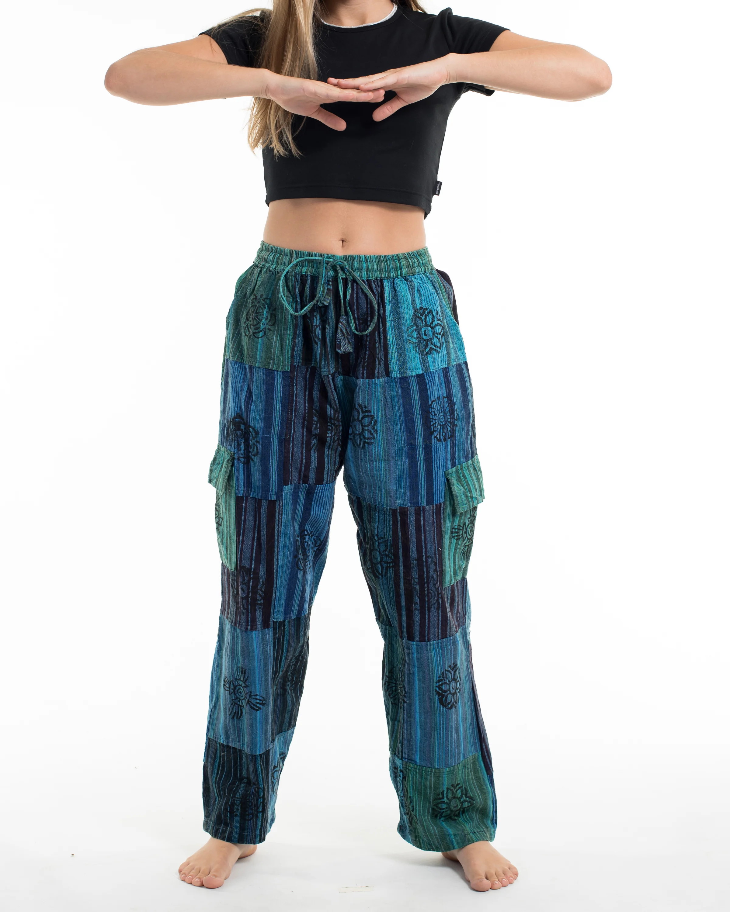 Women's Patchwork Block-Printed Pants in Blue - Image 4