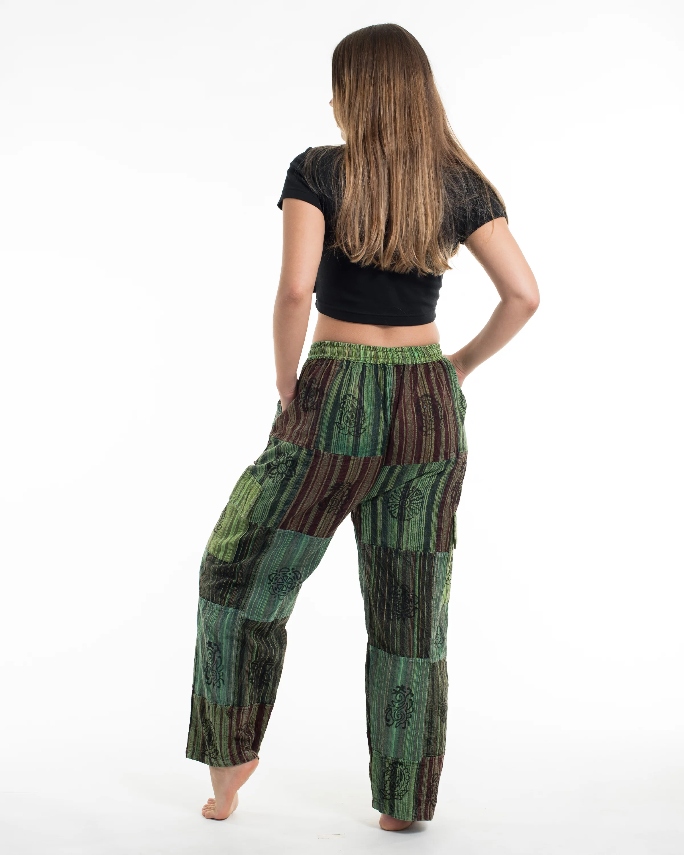 Women's Patchwork Block-Printed Pants in Green - Image 3