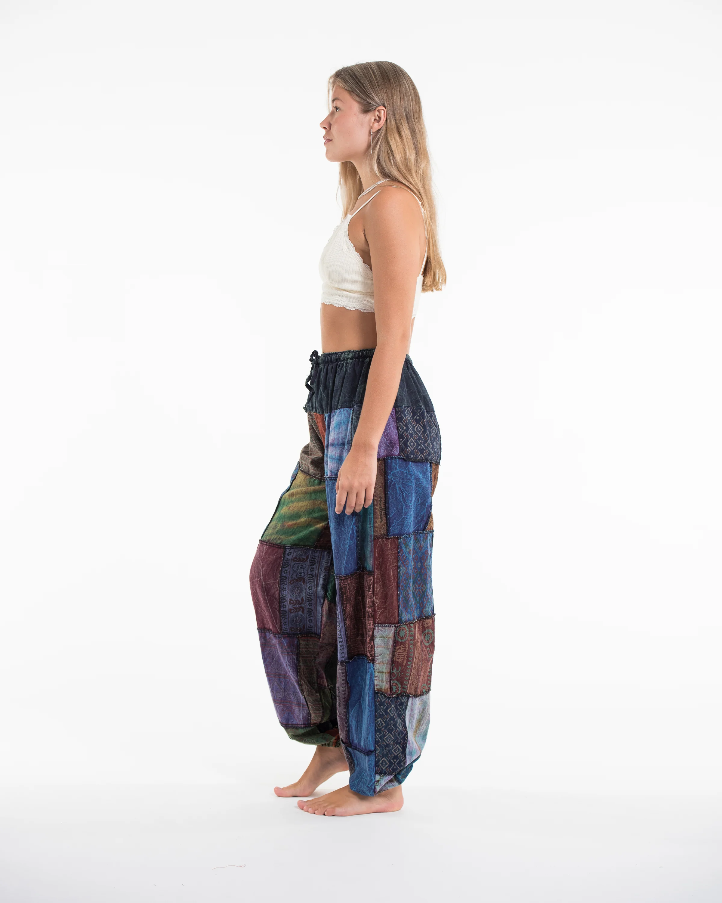 Women's Patchwork Stone Washed Balloon Cotton Pants in Blue - Image 3