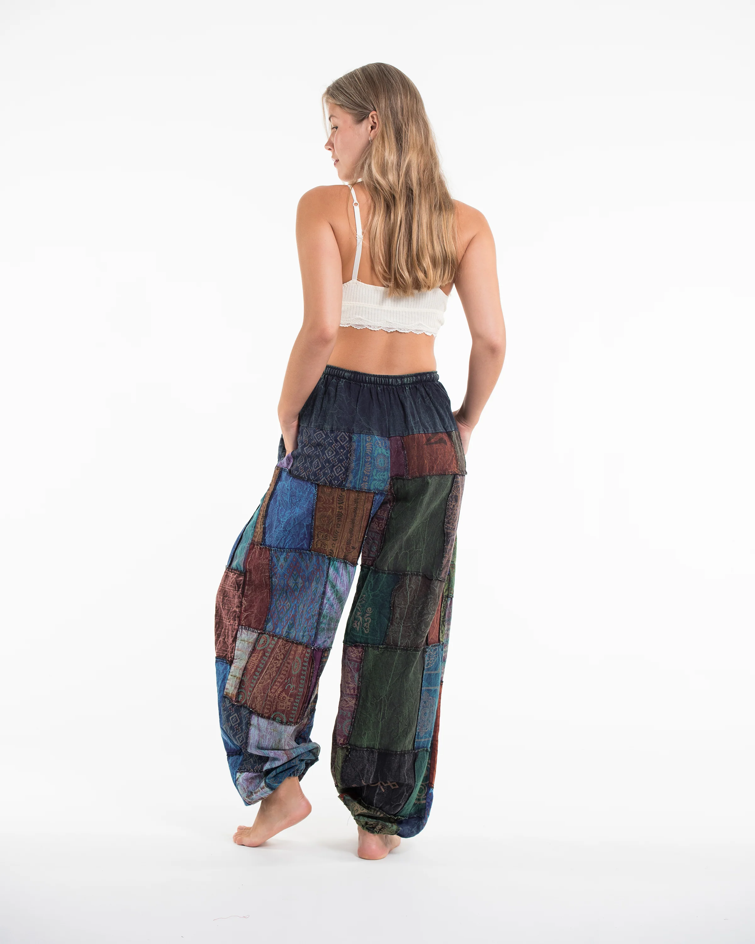Women's Patchwork Stone Washed Balloon Cotton Pants in Blue - Image 4