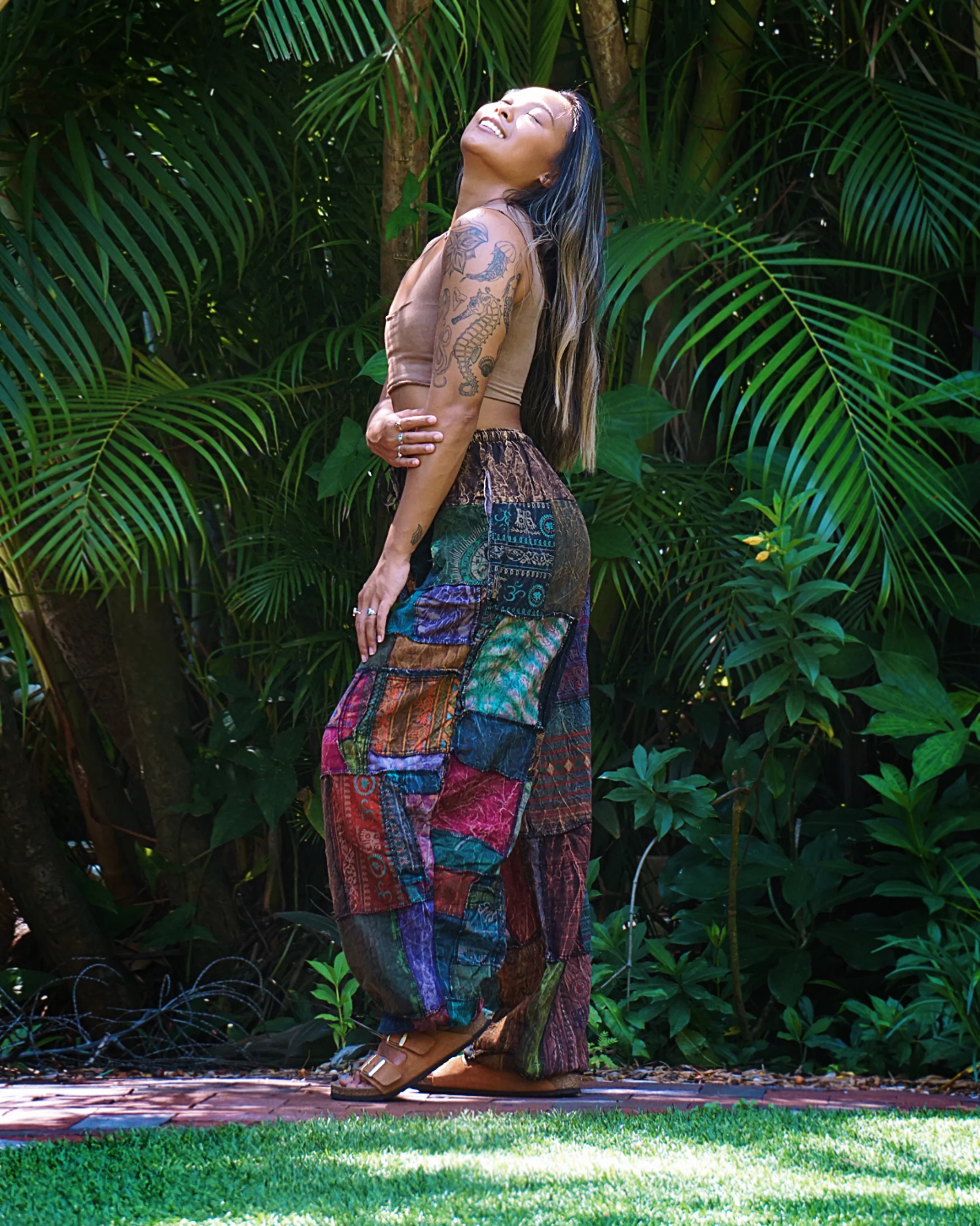 Women's Patchwork Stone Washed Balloon Cotton Pants in Brown - Image 3
