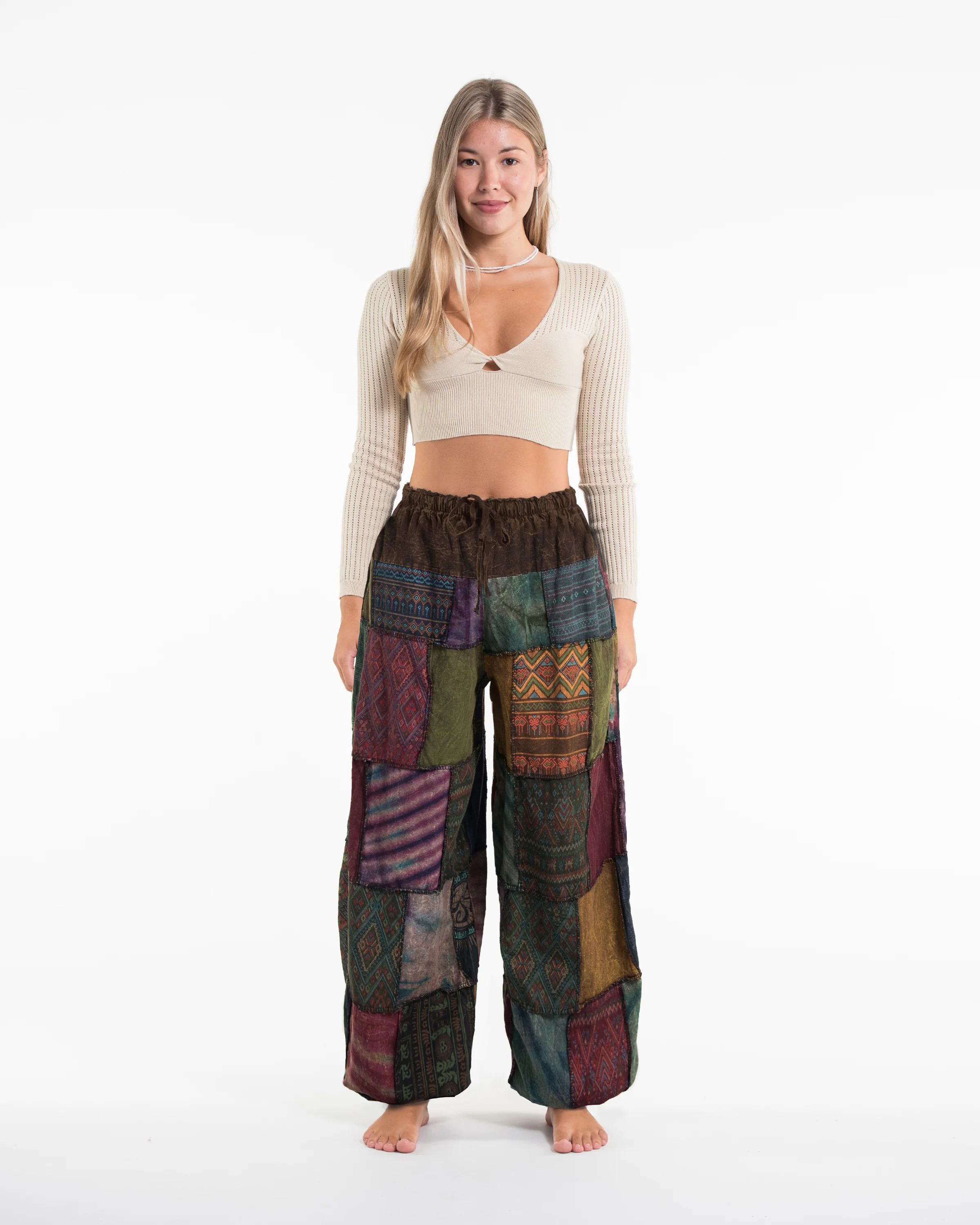 Women's Patchwork Stone Washed Balloon Cotton Pants in Brown - Image 4