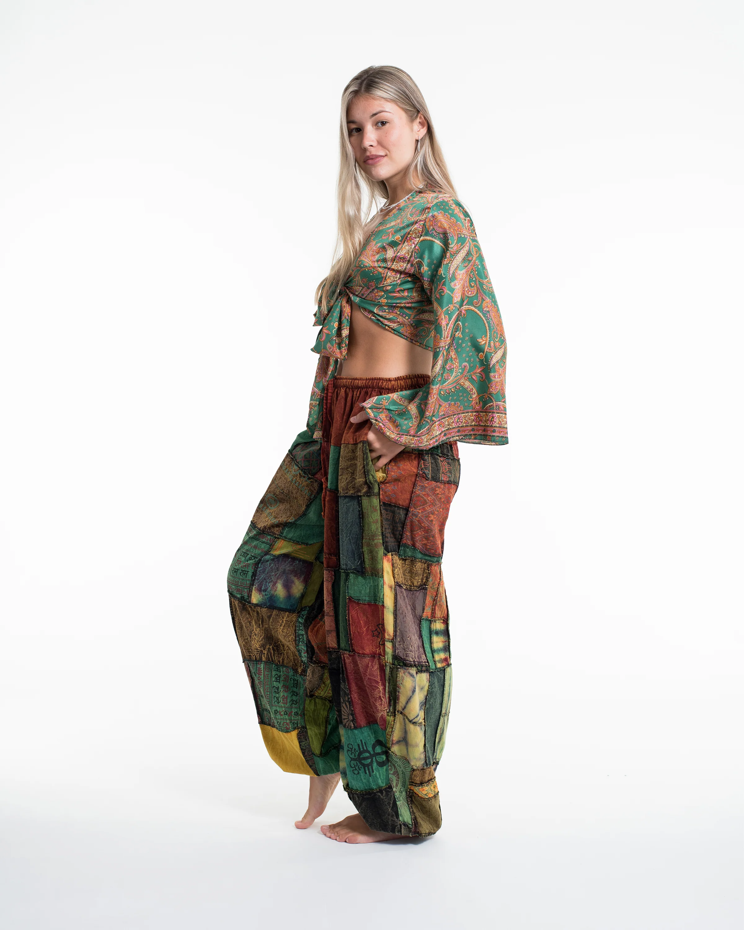 Women's Patchwork Stone Washed Balloon Cotton Pants in Orange - Image 3
