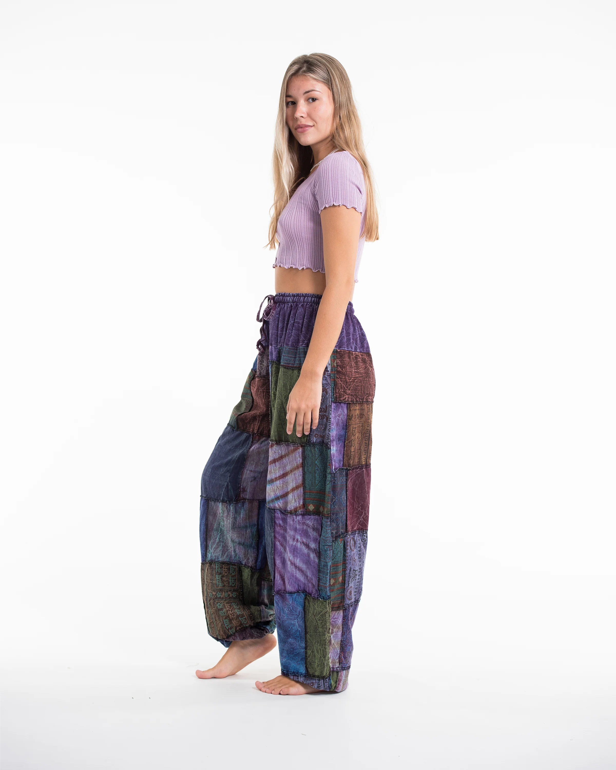 Women's Patchwork Stone Washed Balloon Cotton Pants in Purple - Image 3