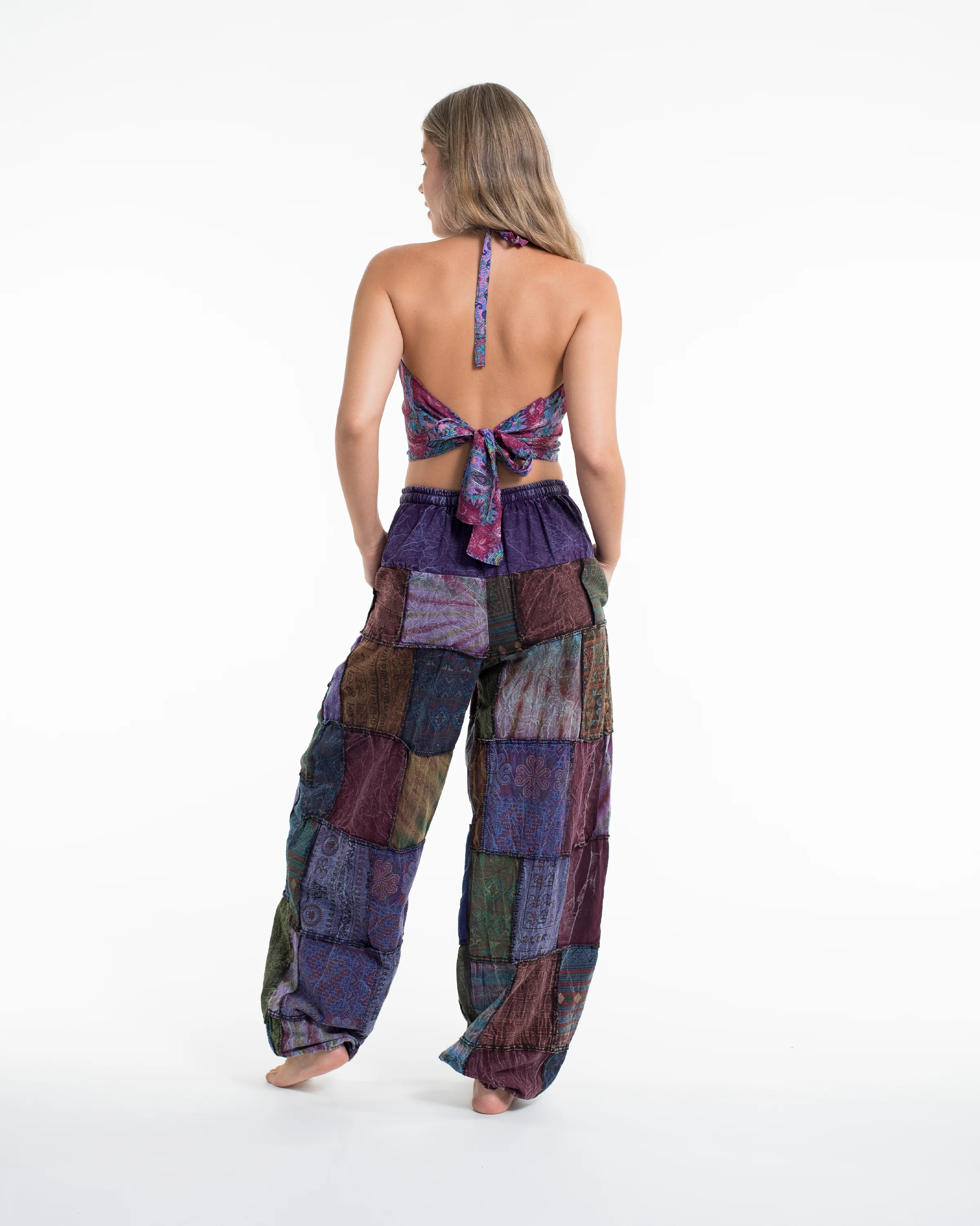 Women's Patchwork Stone Washed Balloon Cotton Pants in Purple - Image 4