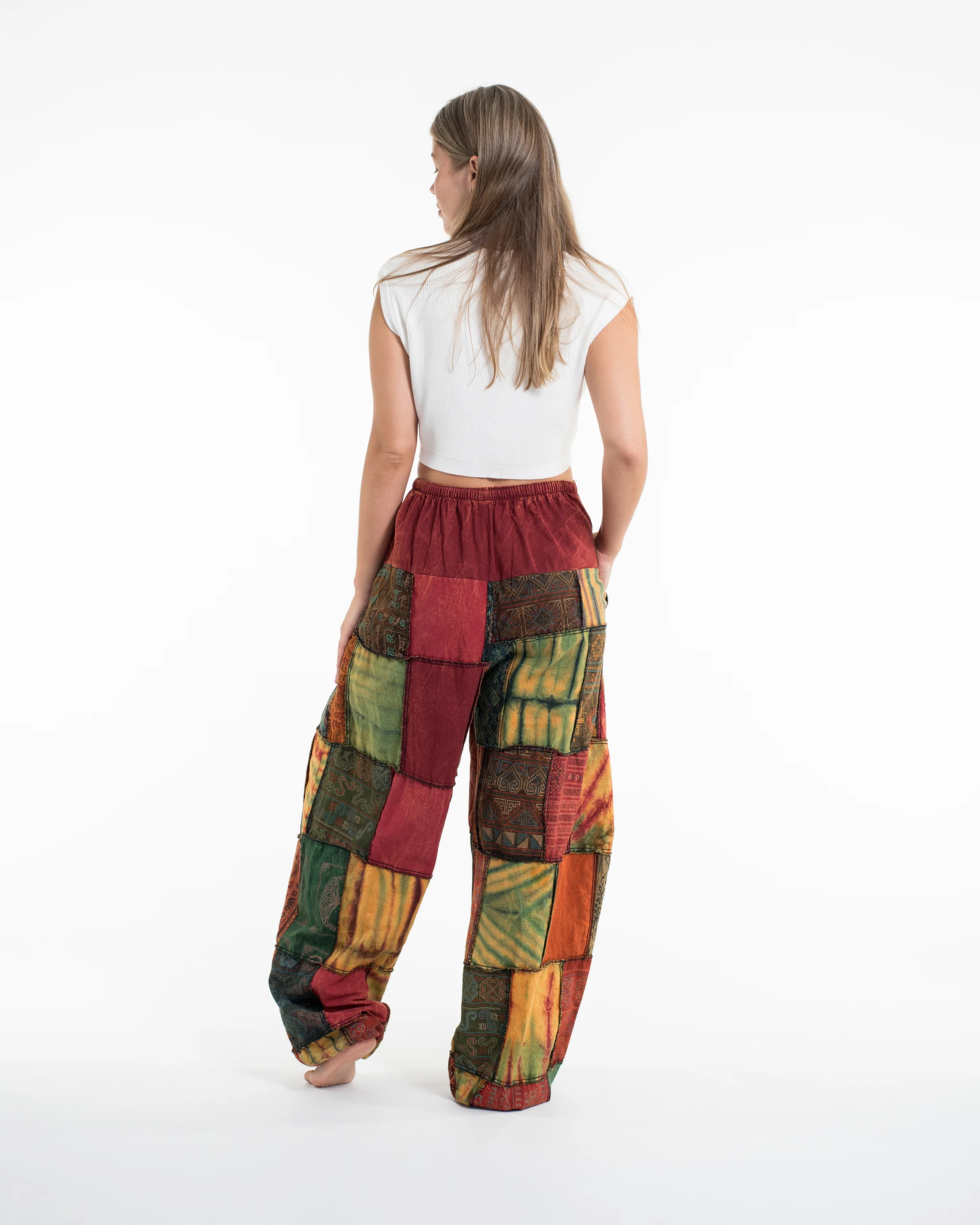 Women's Patchwork Stone Washed Balloon Cotton Pants in Red - Image 4