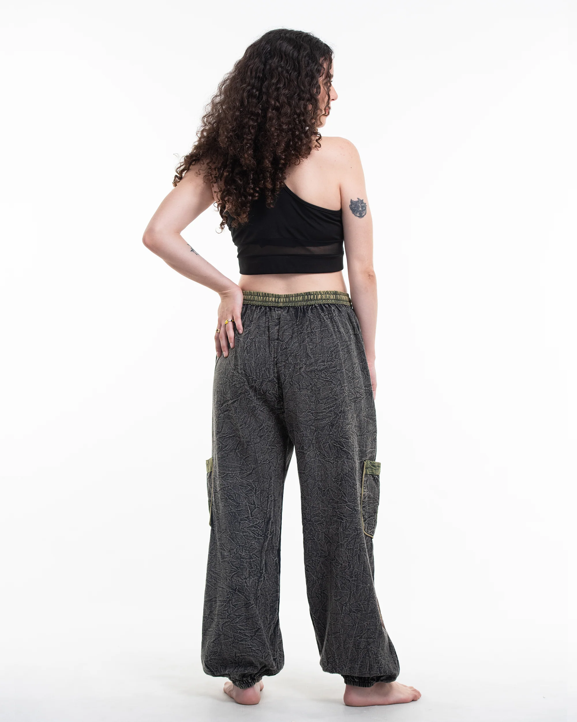 Women's Patchwork Stone Washed Cargo Cotton Pants in Black 02 - Image 4