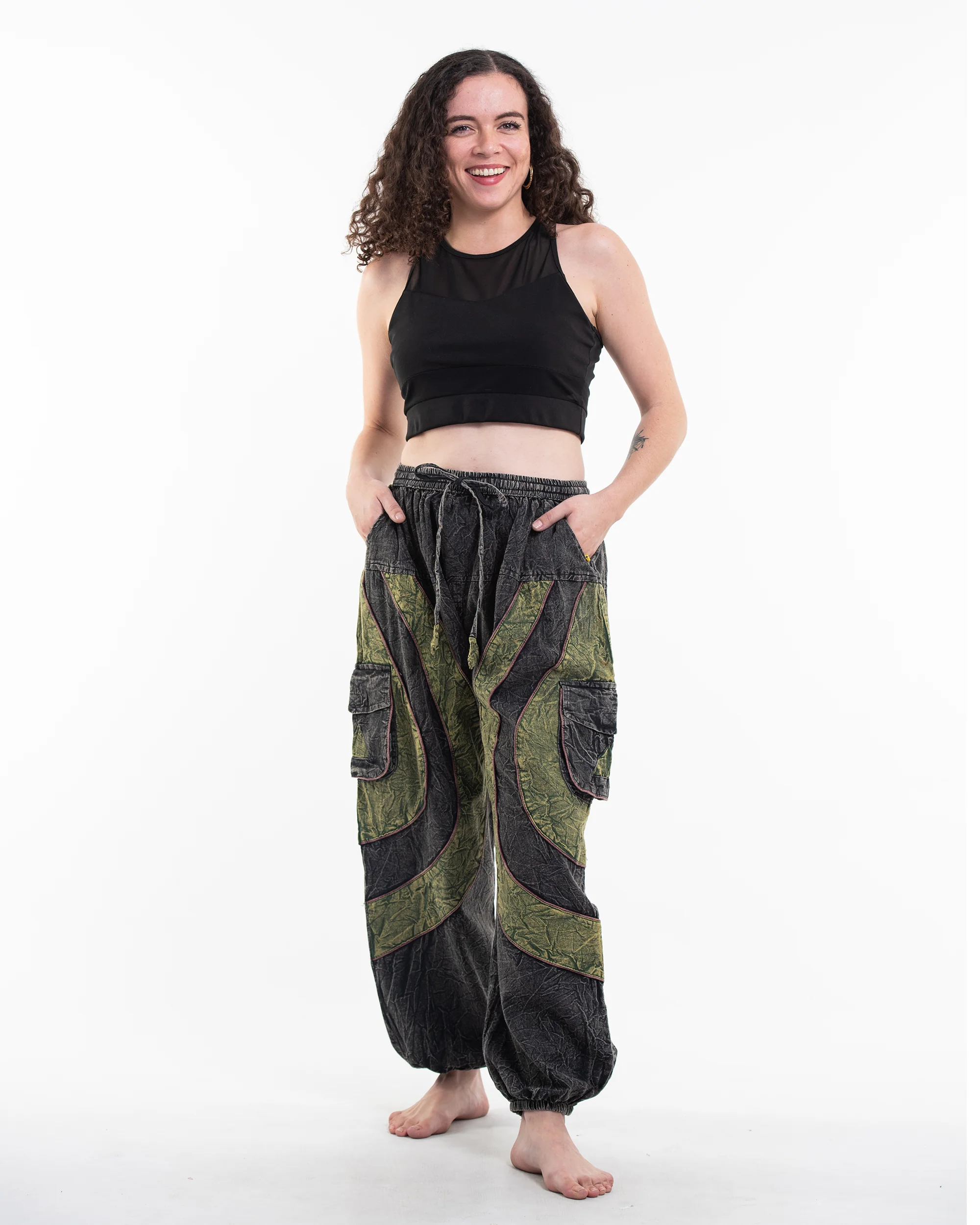Women's Patchwork Stone Washed Cargo Cotton Pants in Black 04